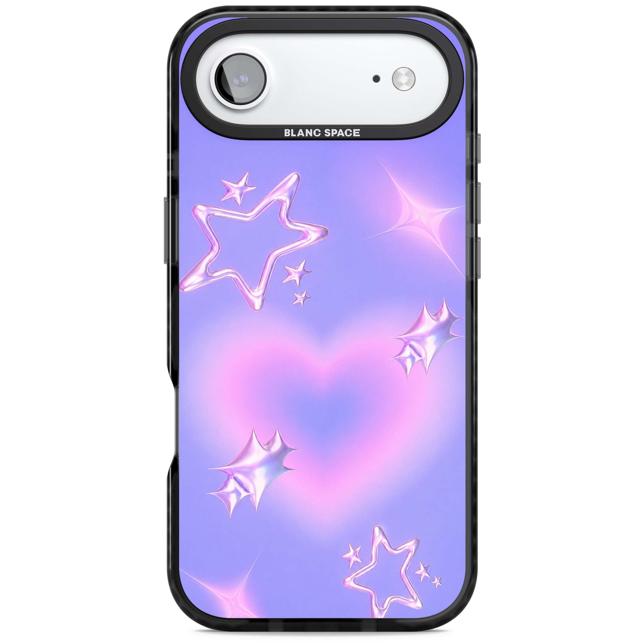 Soft Sugar Y2K iPhone case featuring iridescent chrome hearts, metallic pink stars and a lavender gradient sky | Black Impact Magsafe case for iPhone Air