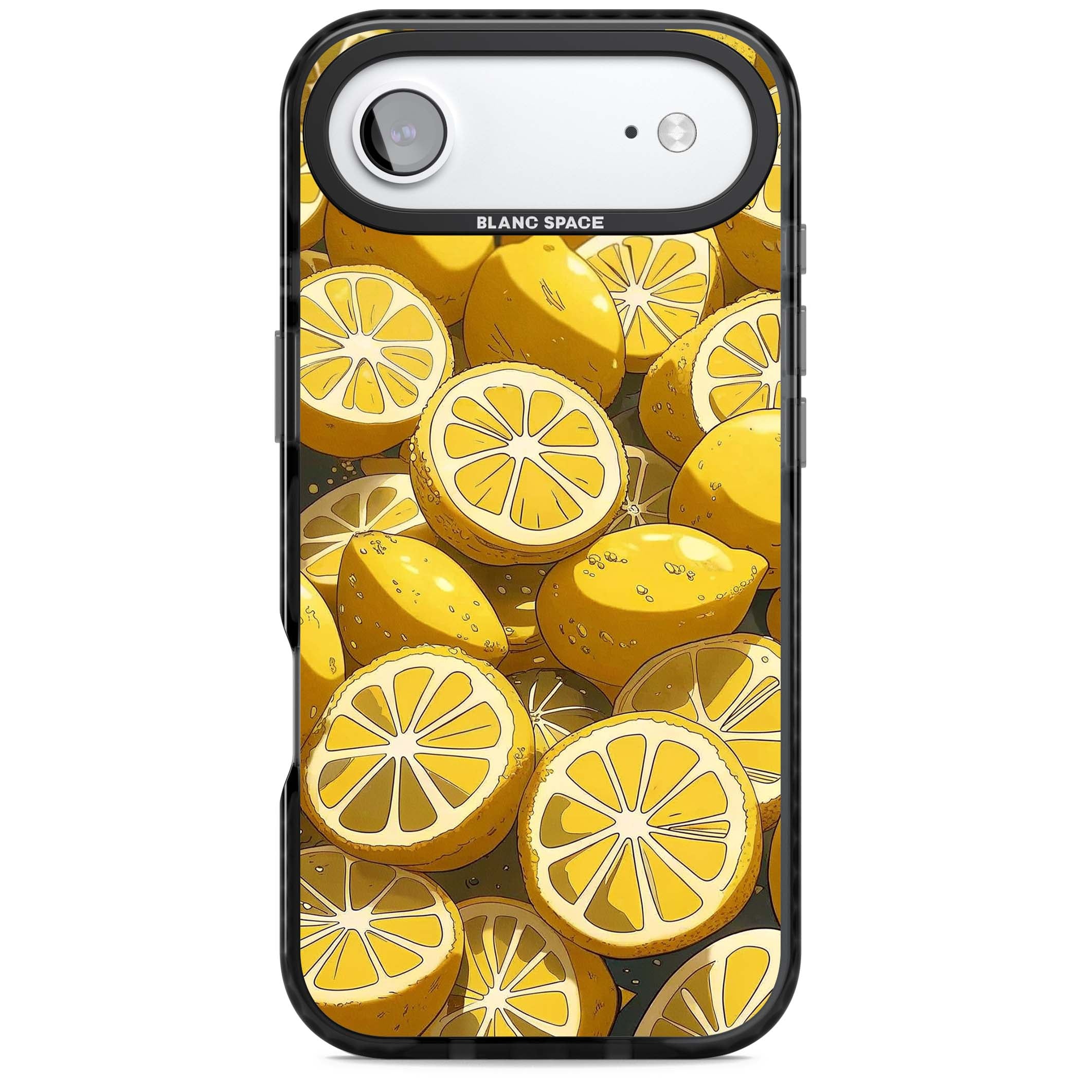 Zesty coastal iPhone case featuring illustrated Mediterranean lemons and citrus slices in golden yellow | Black Impact Magsafe case for iPhone Air