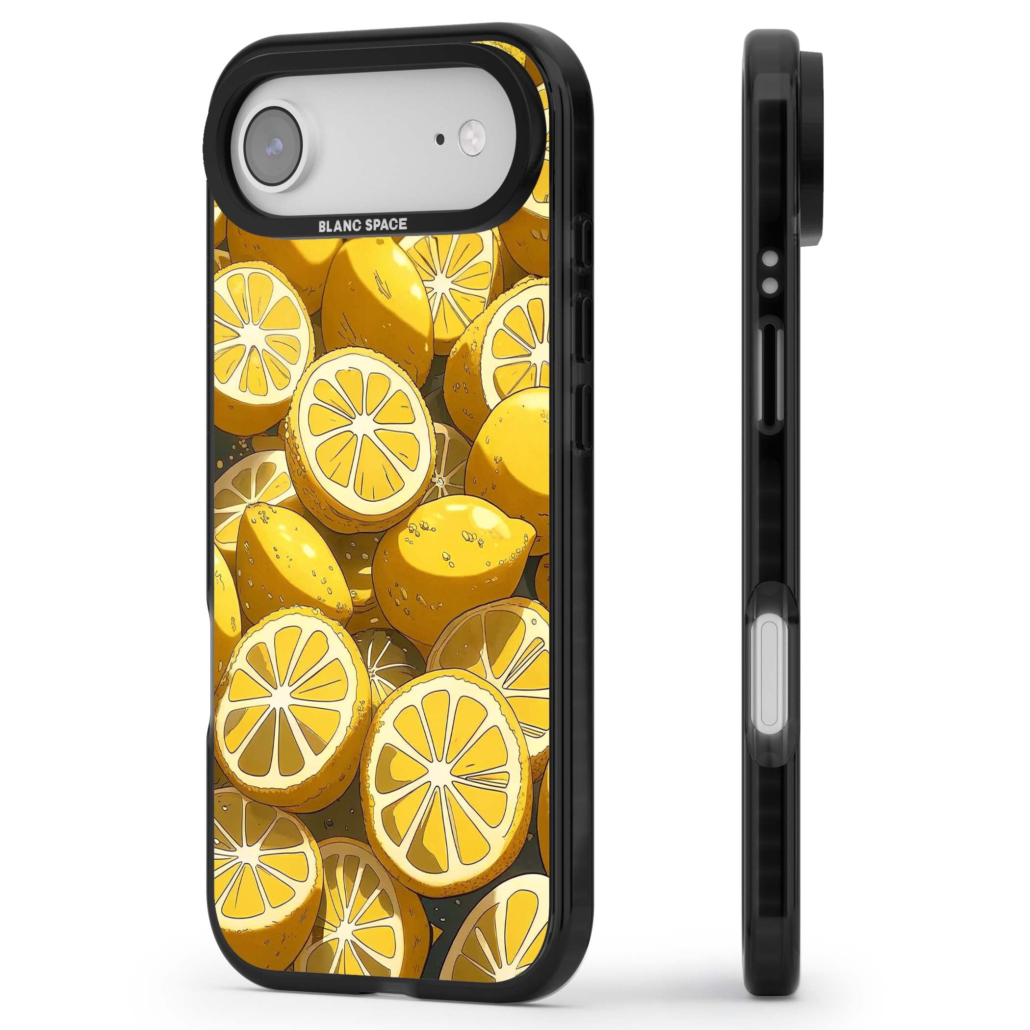 Zesty coastal iPhone case featuring illustrated Mediterranean lemons and citrus slices in golden yellow | Black Impact Magsafe case for iPhone Air