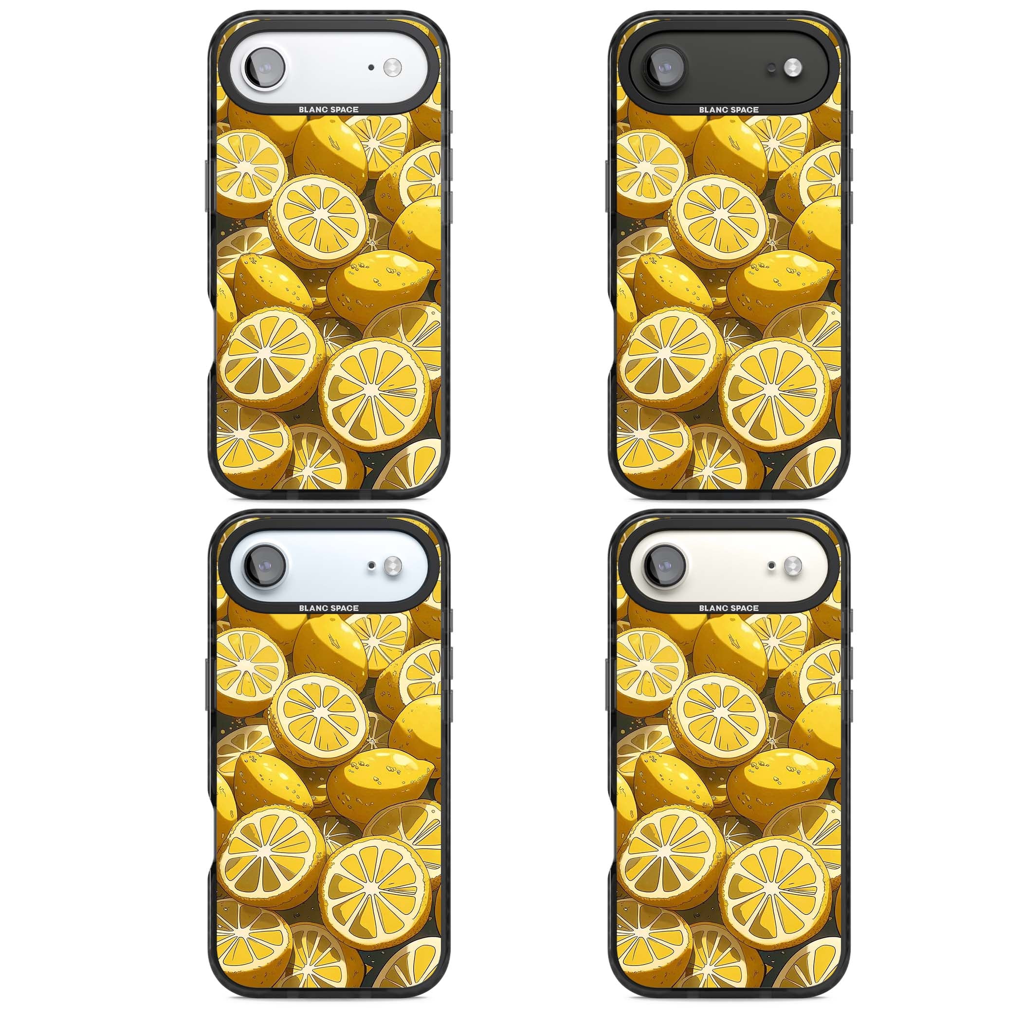 Zesty coastal iPhone case featuring illustrated Mediterranean lemons and citrus slices in golden yellow | Black Impact Magsafe case for iPhone Air