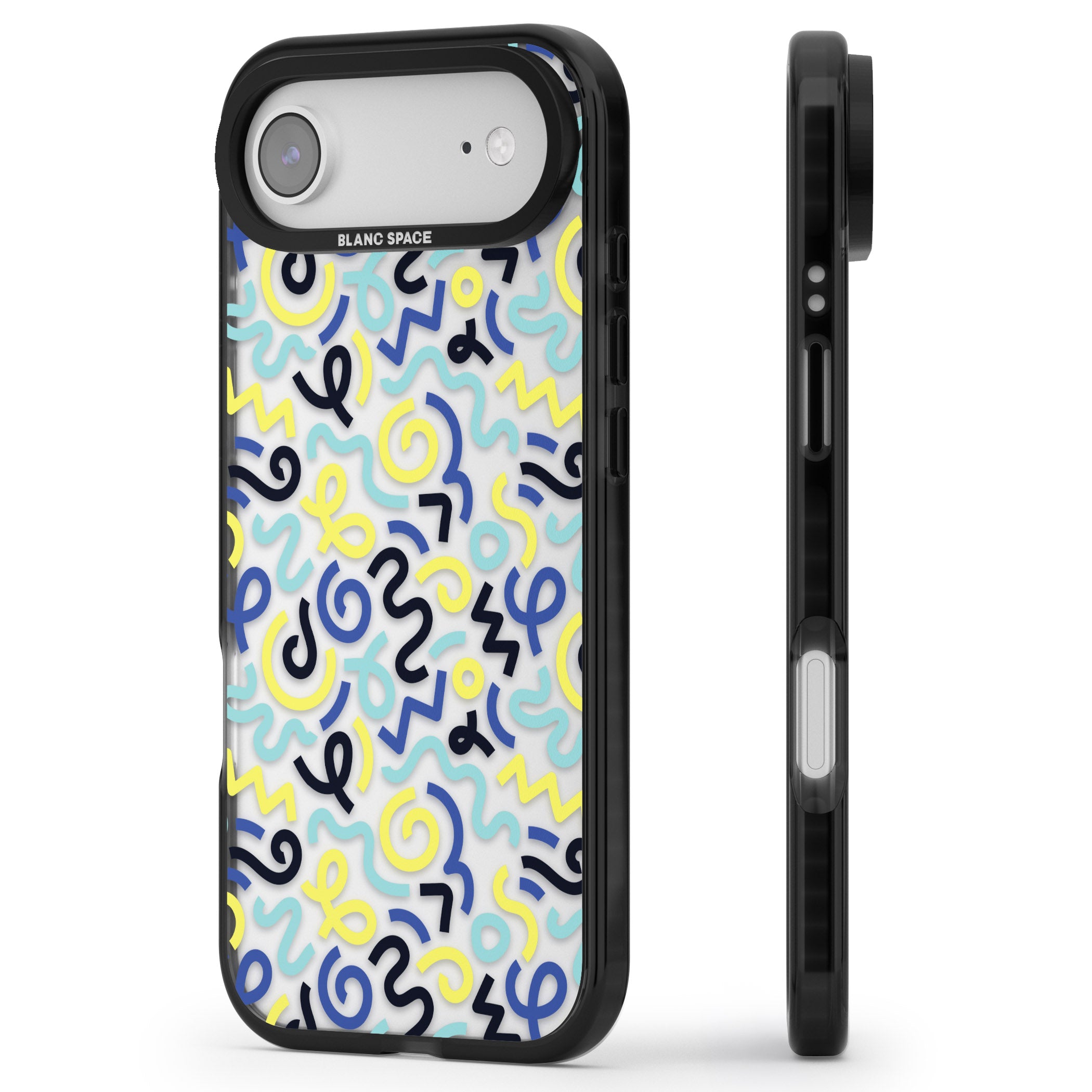 Blue & Yellow Memphis Retro iPhone 17 Air Impact Black Phone Case Side Profile