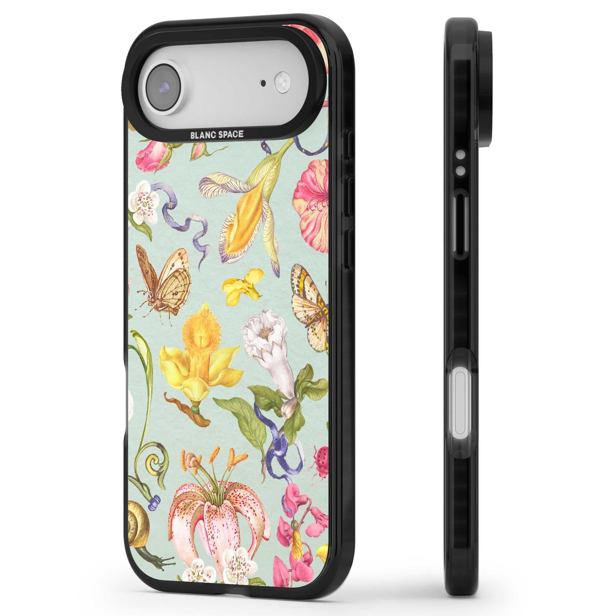 Blue Vintage Painted Flowers iPhone 17 Air Impact Black Phone Case Side Profile