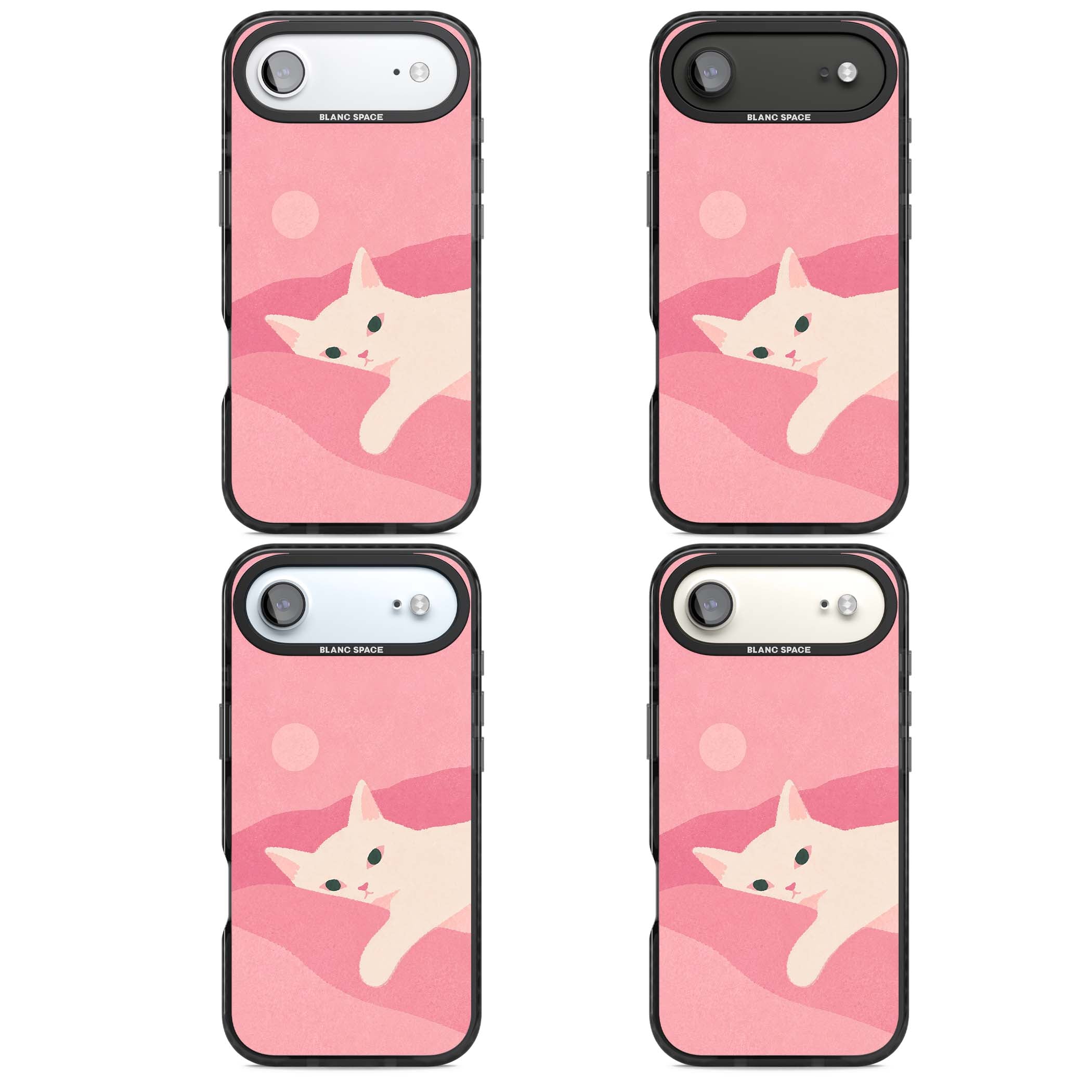 Pink Dreams cute cat iPhone case featuring a white kitten, soft pink hills and a pale pastel sun | Clear Impact case for iPhone Air