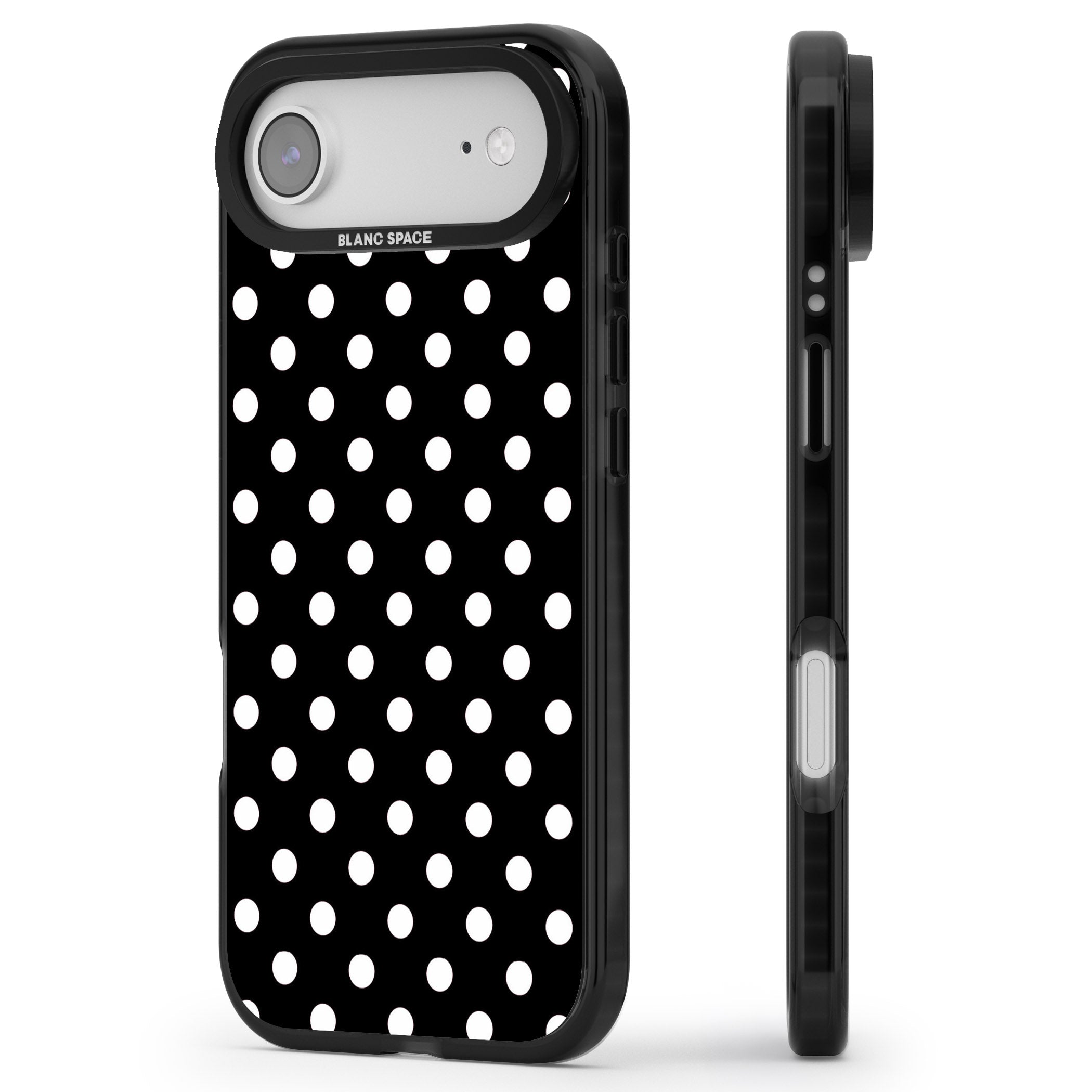 Designer Chic Black Polka Dot iPhone 17 Air Impact Black Phone Case Side Profile