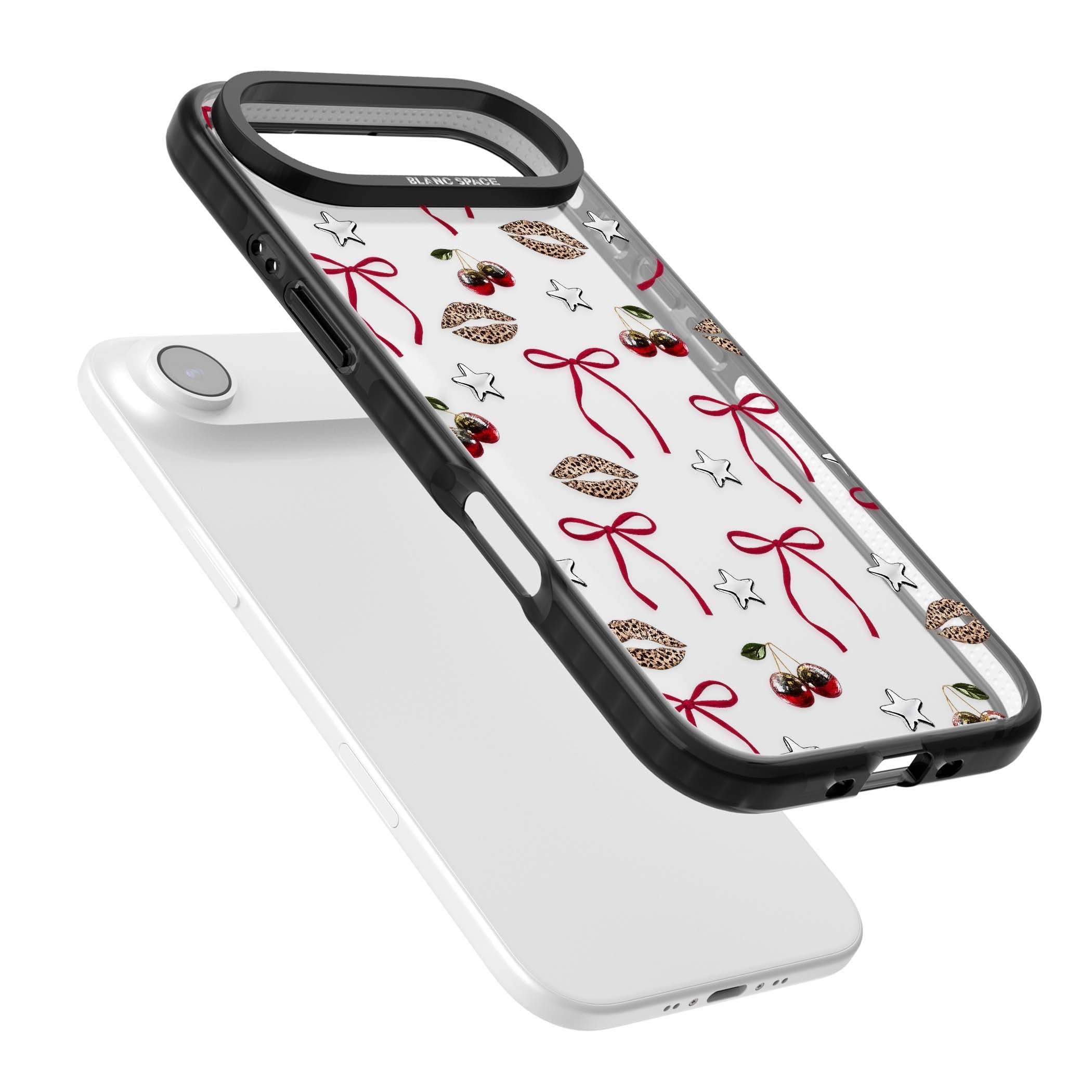 Starlet coquette iPhone case featuring red ribbon bows, disco cherries and leopard-print lips | Clear Impact case for iPhone Air