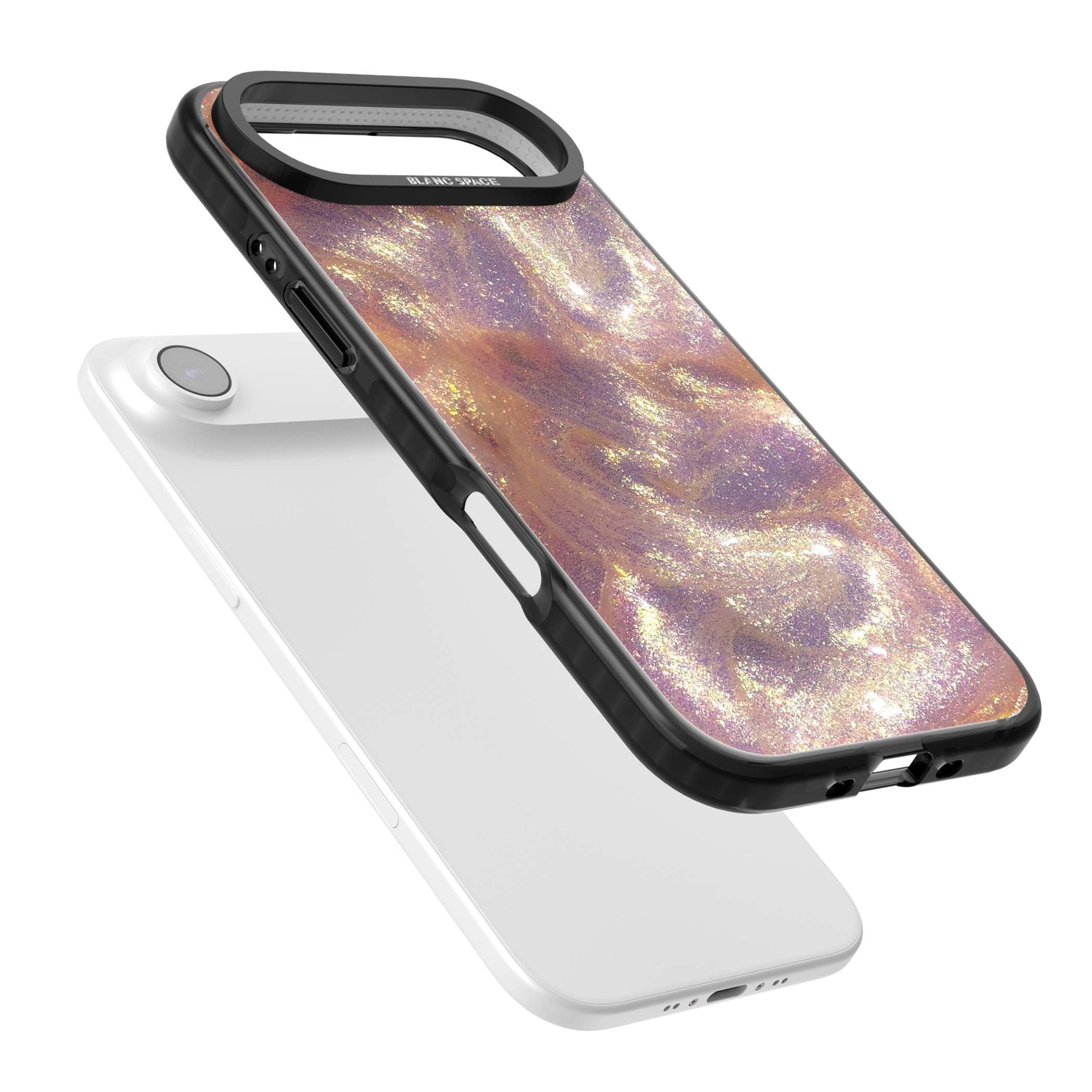 Shimmer marble iPhone case featuring rose gold glitter swirls, lilac shimmer and iridescent pearl finish | Clear Impact case for iPhone Air