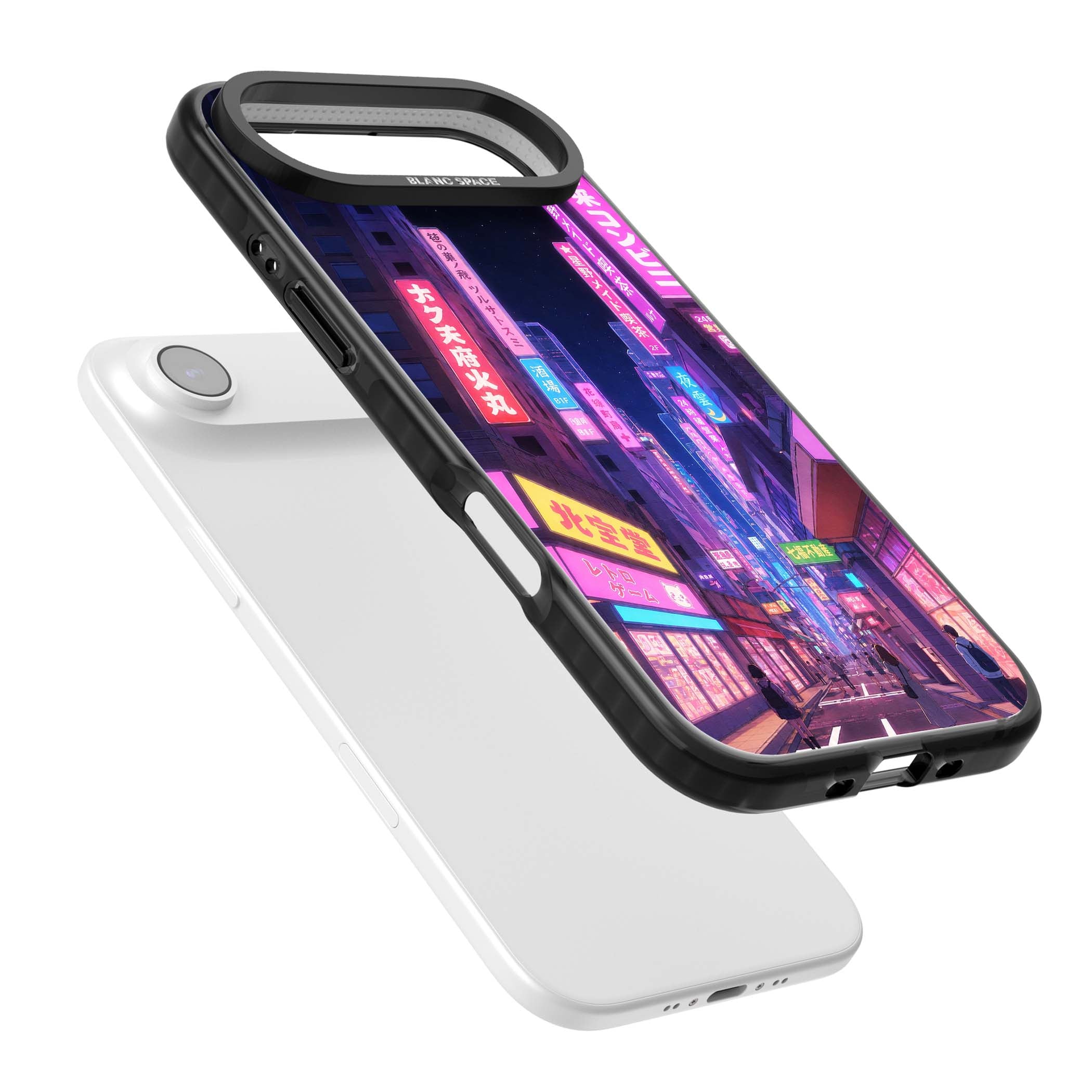 Shibuya At Night Japanese neon city iPhone case featuring glowing kanji signs, pink storefronts and a Tokyo street at n | Clear Impact case for iPhone Air