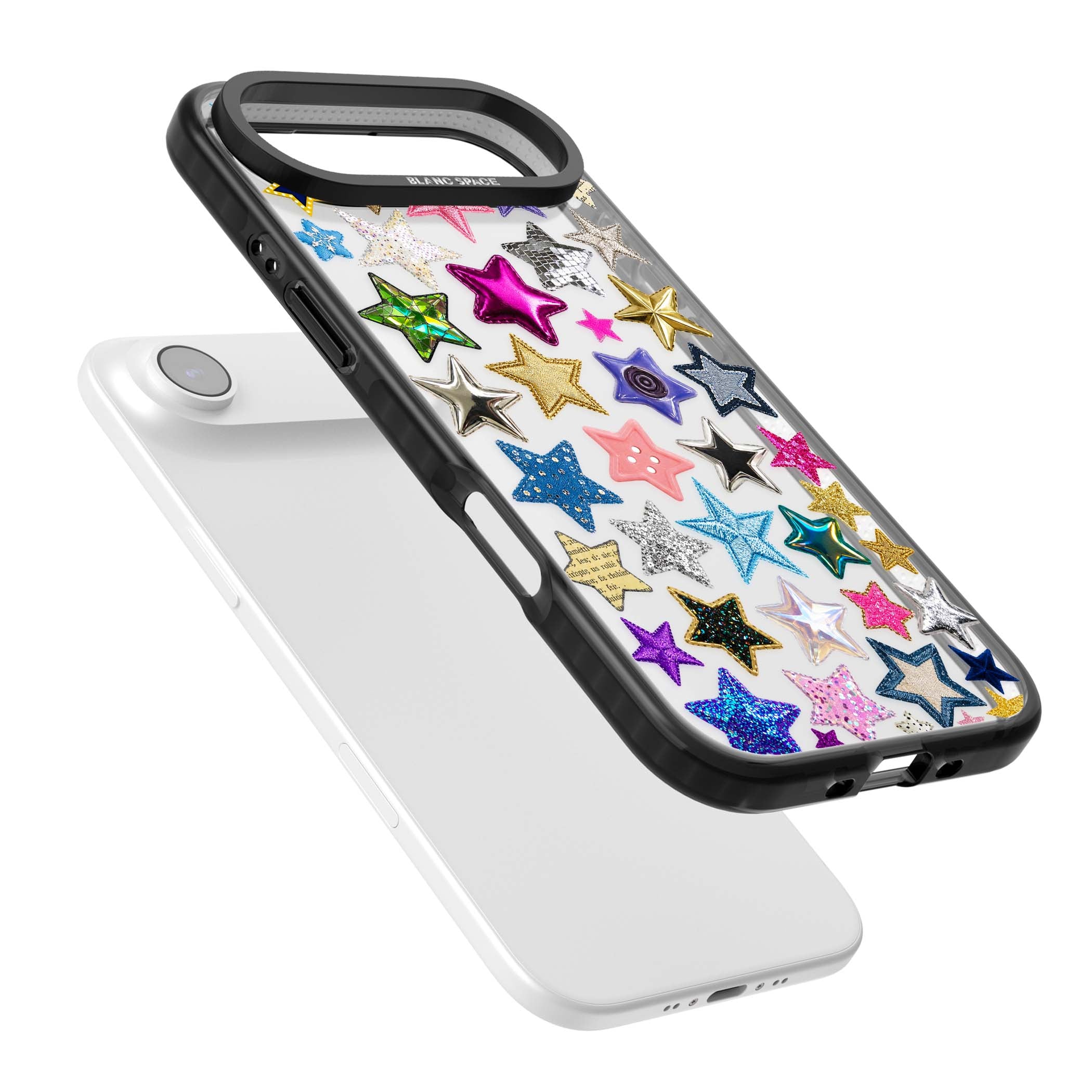 Crafty Star Mix Y2K iPhone case featuring embroidered, sequinned and glitter star patches in rainbow colours | Clear Impact case for iPhone Air