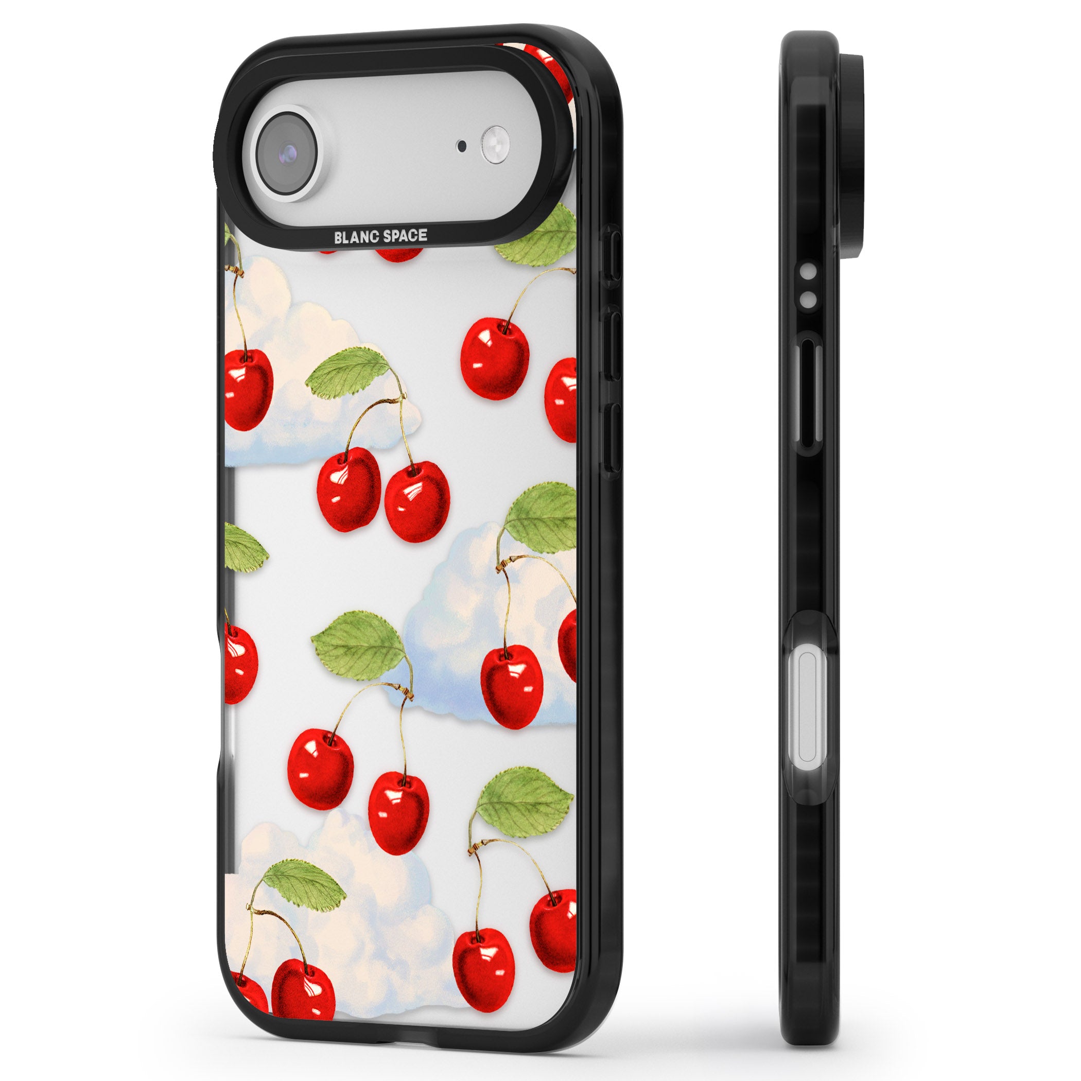 Vintage Cherries & Clouds iPhone 17 Air Impact Black Phone Case Side Profile
