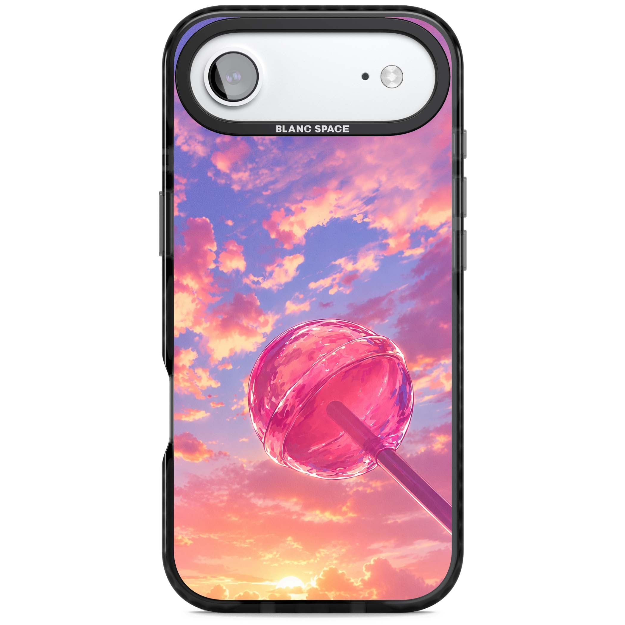 Sugar Sunset candy aesthetic iPhone case featuring a pink lollipop, pastel sunset sky and dreamy clouds | Clear Impact case for iPhone Air