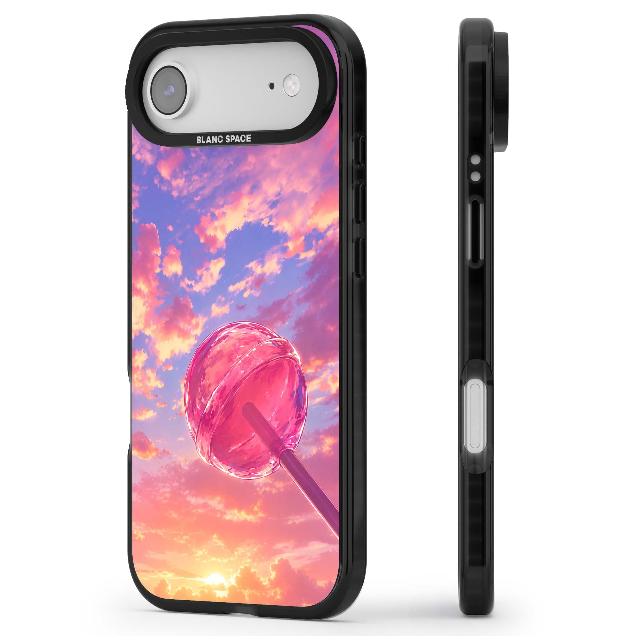 Sugar Sunset candy aesthetic iPhone case featuring a pink lollipop, pastel sunset sky and dreamy clouds | Clear Impact case for iPhone Air