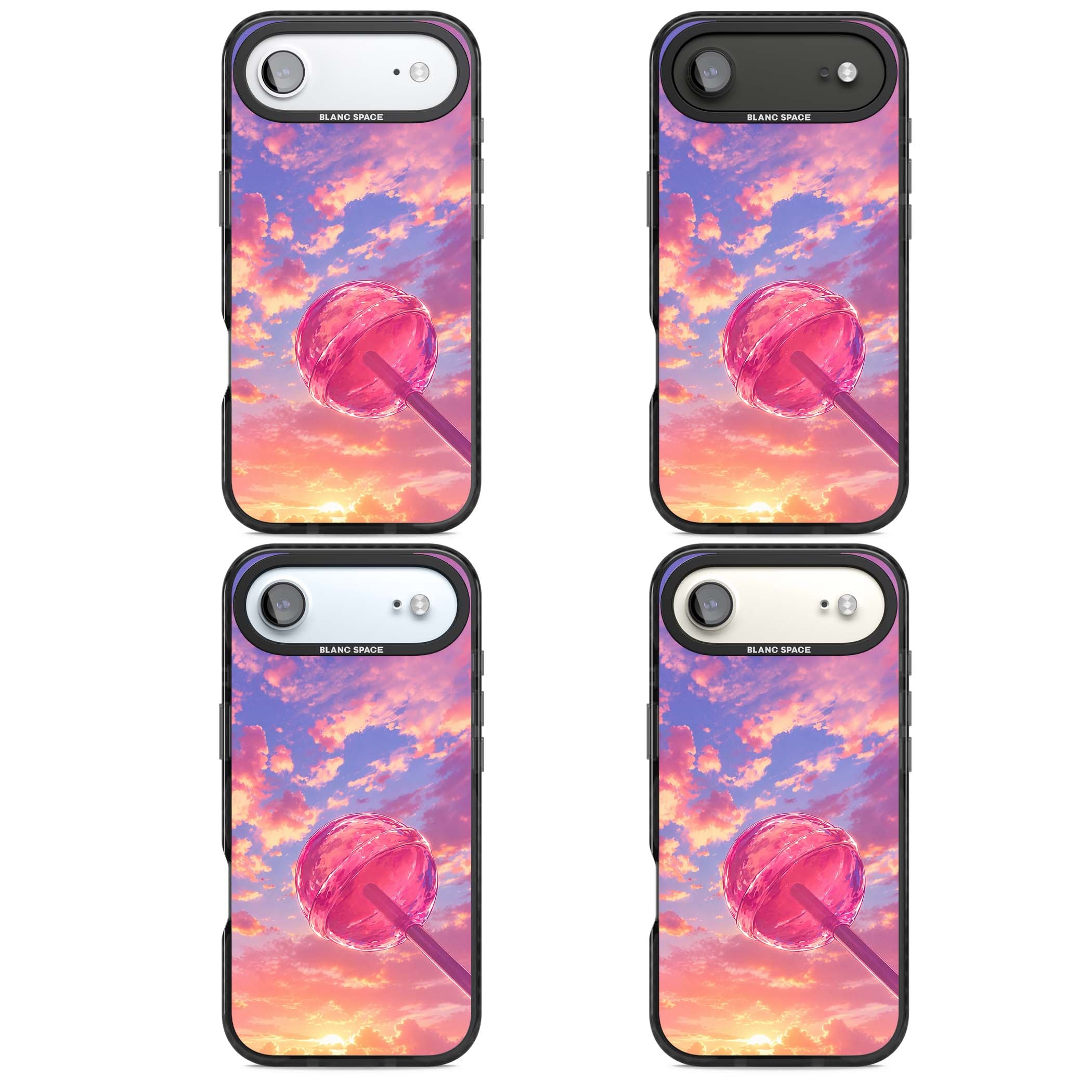 Sugar Sunset candy aesthetic iPhone case featuring a pink lollipop, pastel sunset sky and dreamy clouds | Clear Impact case for iPhone Air