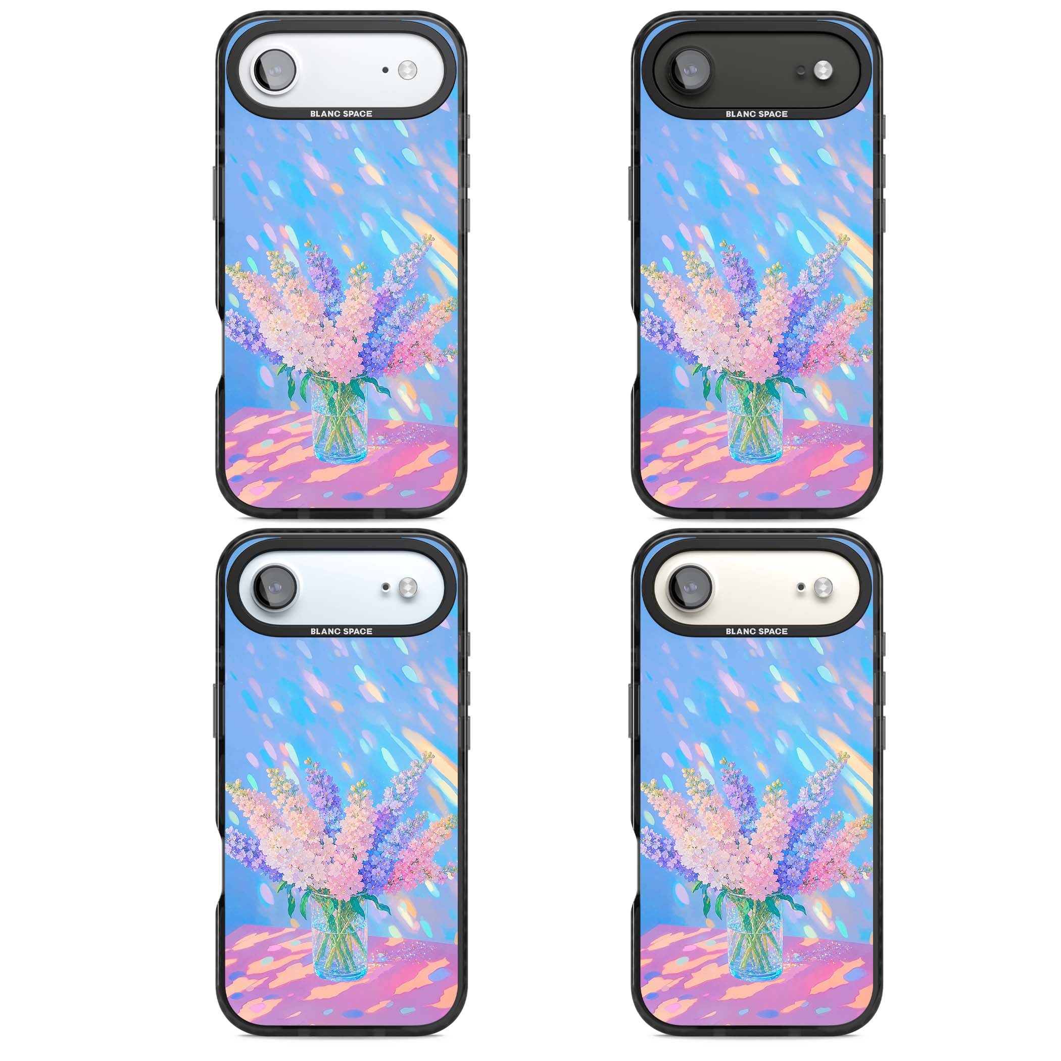 Bubblegum Flowers floral iPhone case featuring pastel lilac and pink bouquet in a glass vase with iridescent light | Clear Impact case for iPhone Air