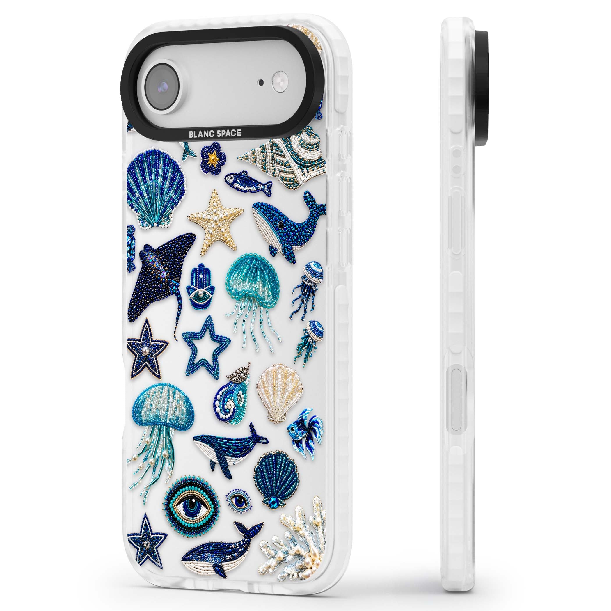 Beaded Coastal coastal iPhone case featuring embroidered seashells, jellyfish and a blue whale on clear | Black Impact case for iPhone Air