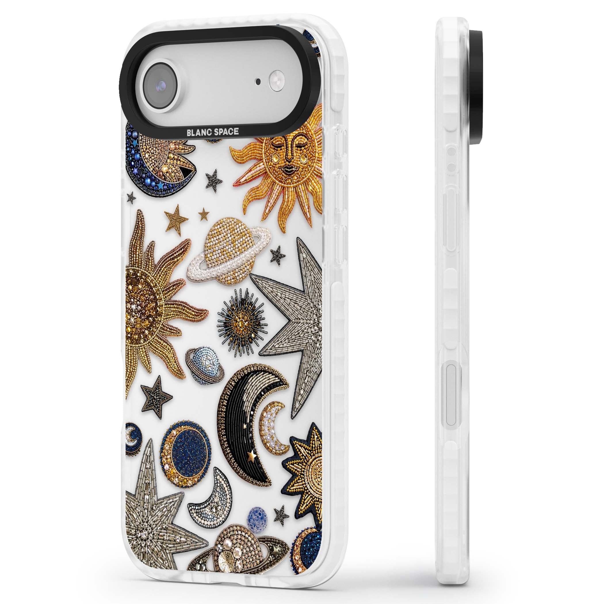 Beaded Cosmos celestial iPhone case featuring embroidered golden suns, beaded planets and silver shooting stars | Black Impact case for iPhone Air