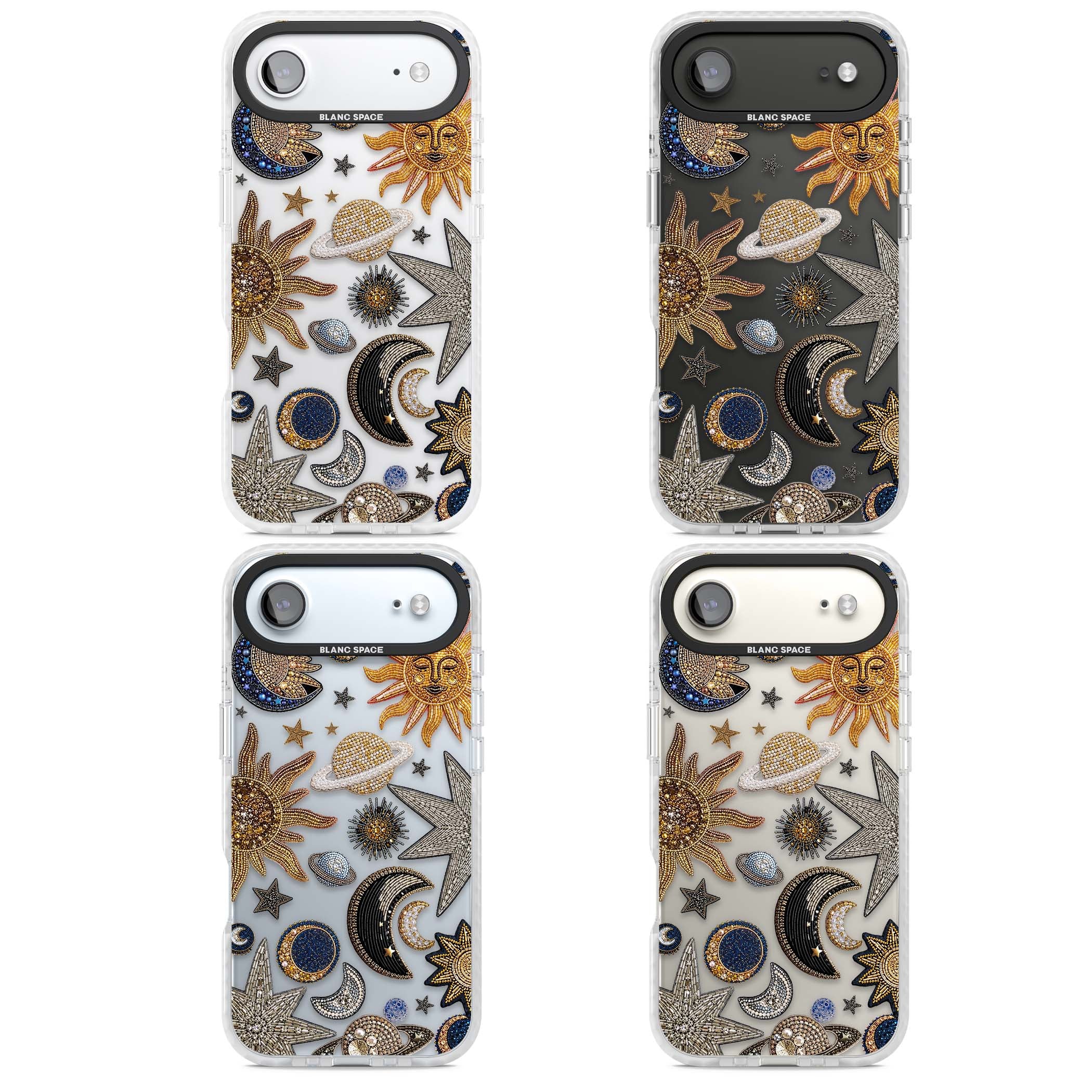 Beaded Cosmos celestial iPhone case featuring embroidered golden suns, beaded planets and silver shooting stars | Black Impact case for iPhone Air