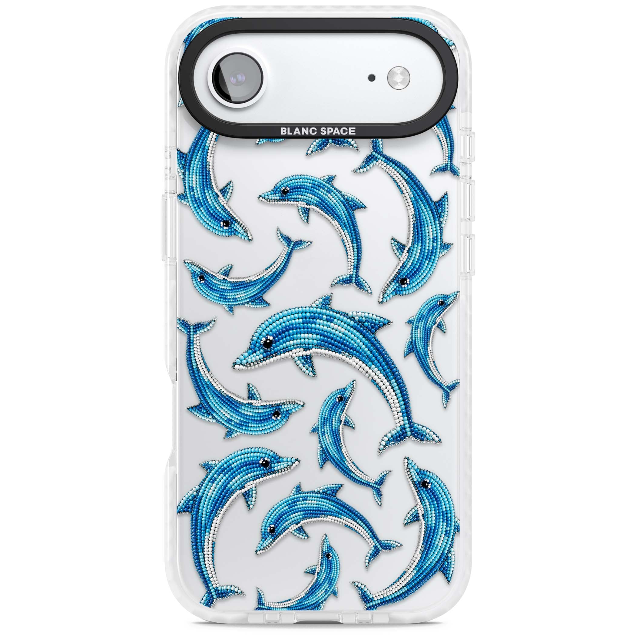 Beaded Dolphins coastal iPhone case featuring beaded dolphins in blue and white swimming across a clear background | Black Impact case for iPhone Air