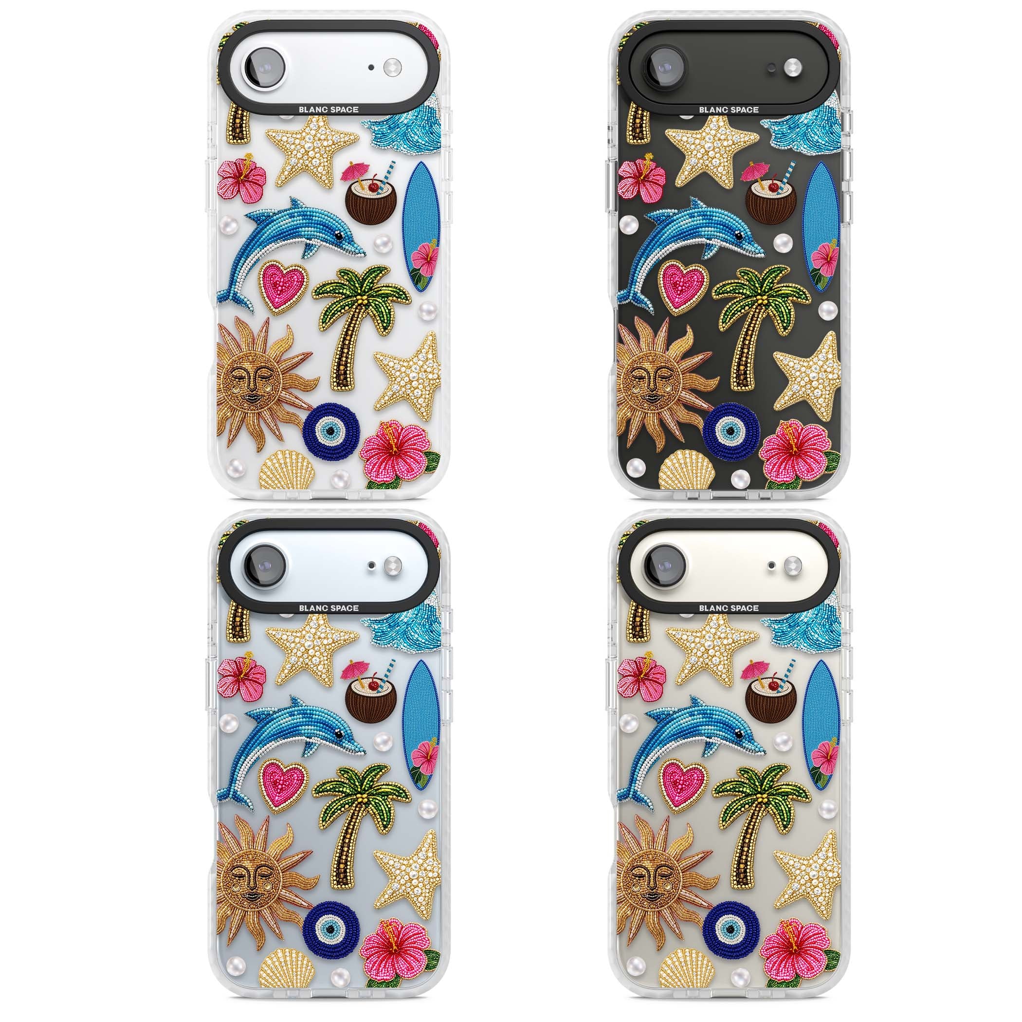 Beaded Beach coastal summer iPhone case featuring embroidered evil eye, hibiscus flowers, dolphin and palm tree patches | Black Impact case for iPhone Air