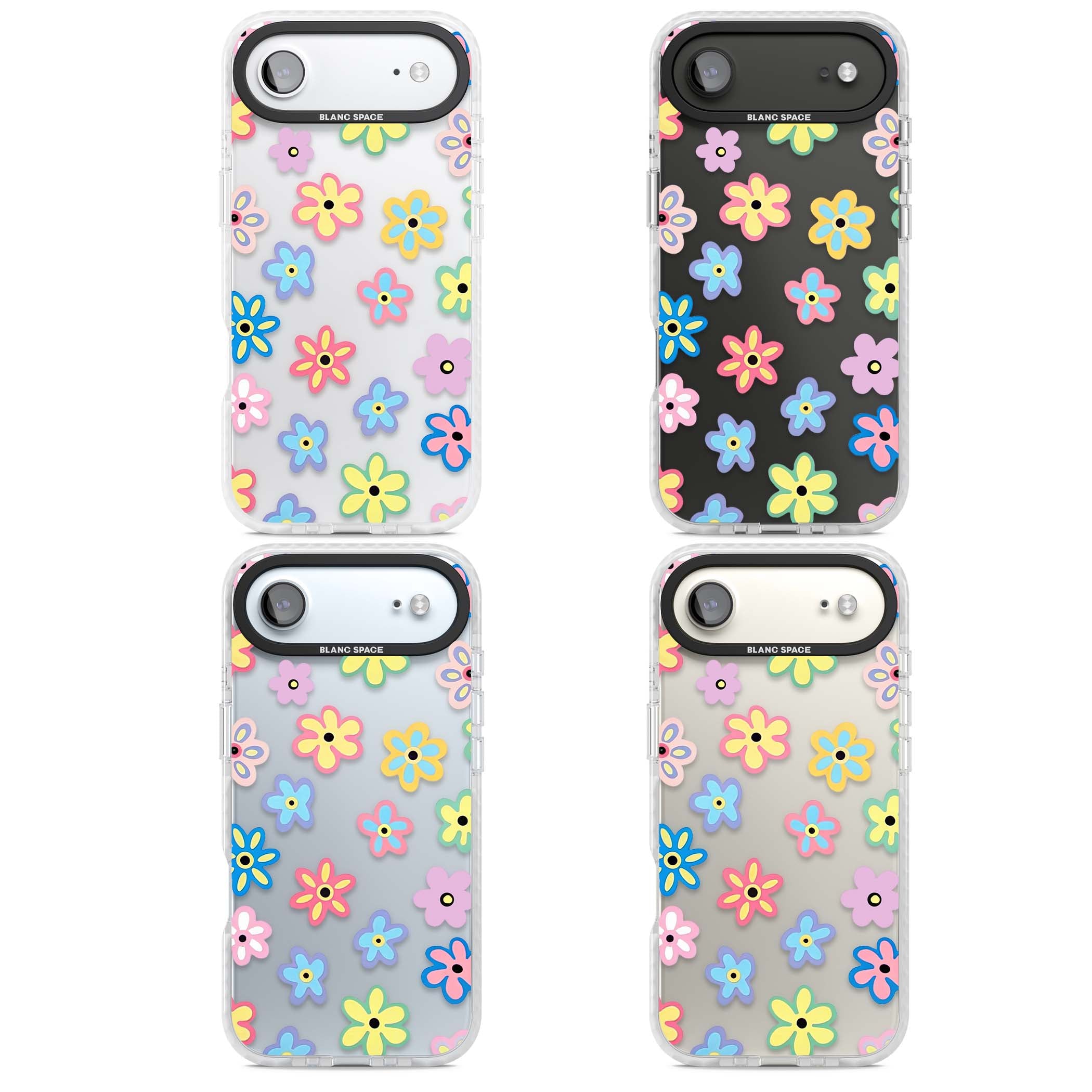 Bloom Pop cottagecore iPhone case featuring multicolor pastel flowers with black centers on clear background | Black Impact case for iPhone Air