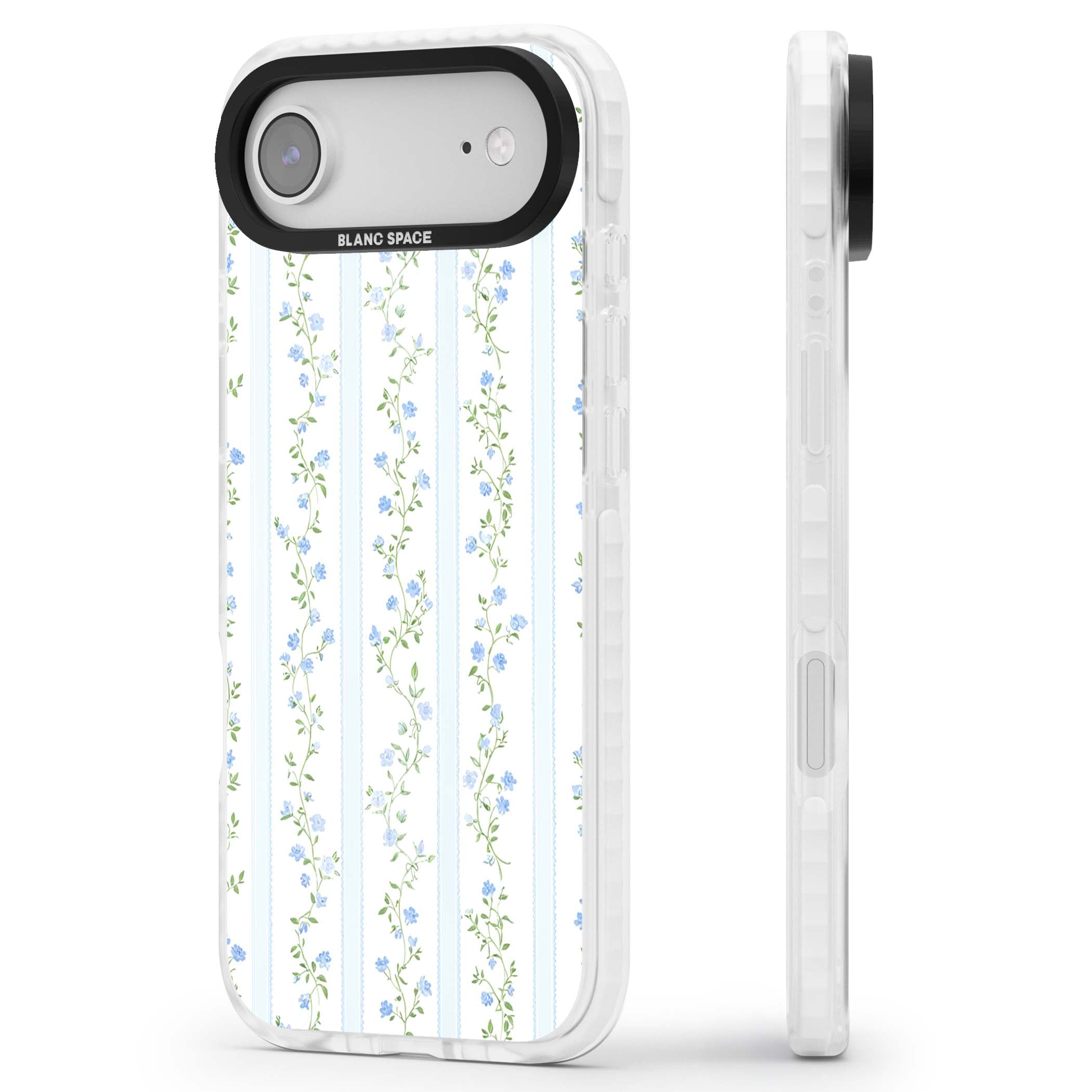 Bluebell Vine cottagecore iPhone case featuring climbing blue roses, trailing green vines, and pale ticking stripes | Black Impact case for iPhone Air