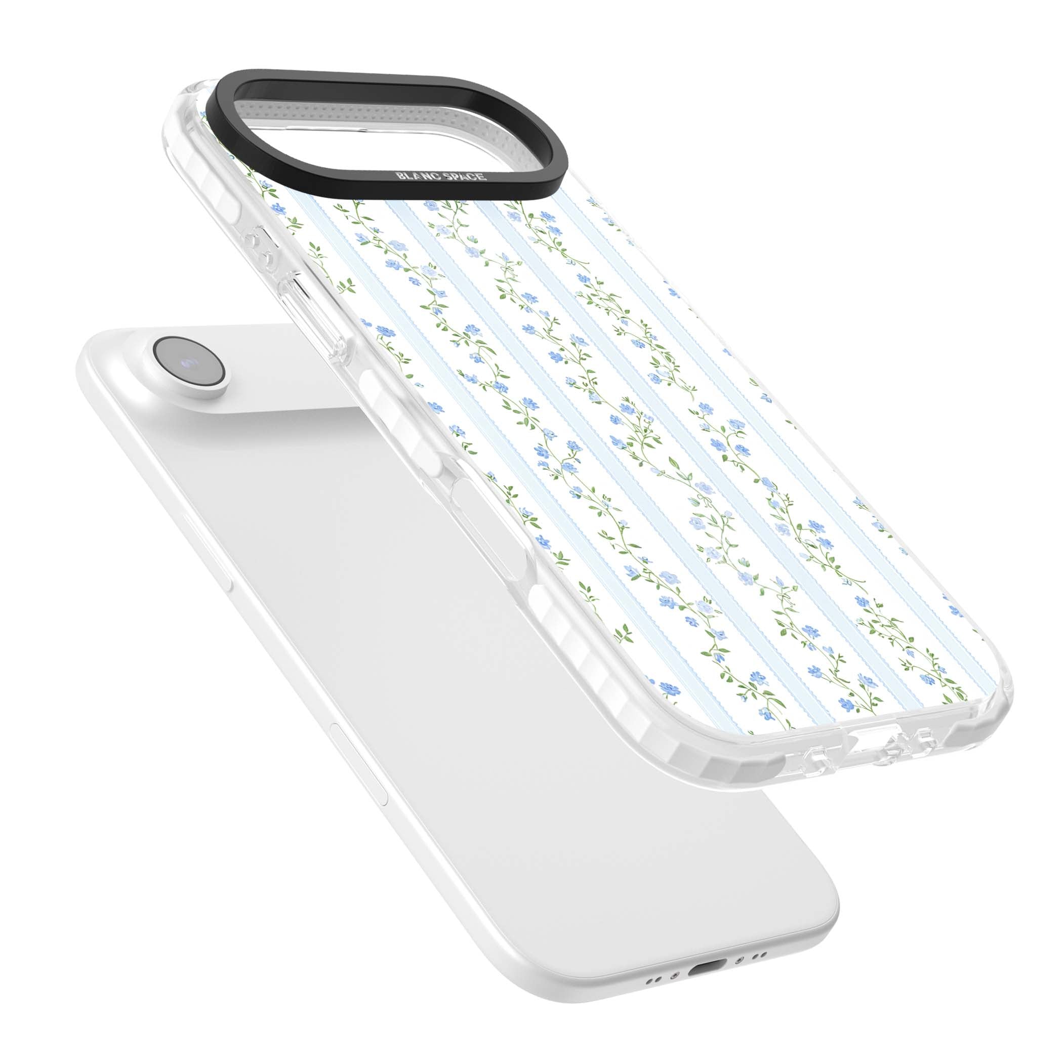 Bluebell Vine cottagecore iPhone case featuring climbing blue roses, trailing green vines, and pale ticking stripes | Black Impact case for iPhone Air