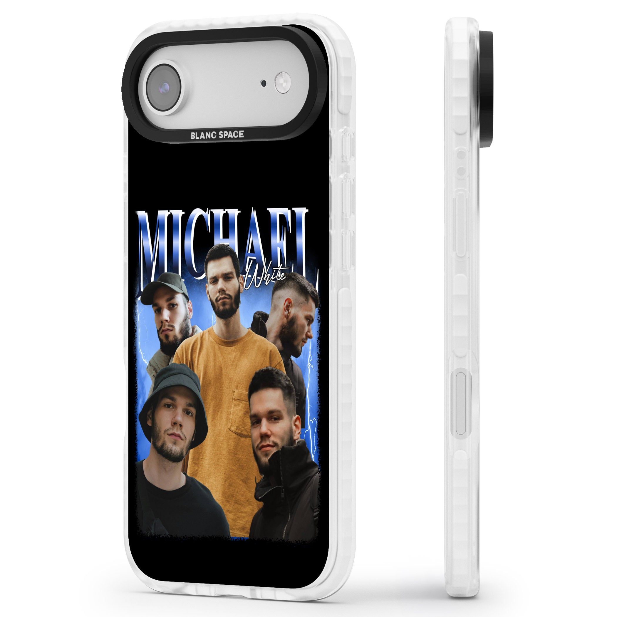 Personalised Airbrush Name & Photo Collage (Blue) iPhone 17 Air Impact Clear Phone Case Side Profile