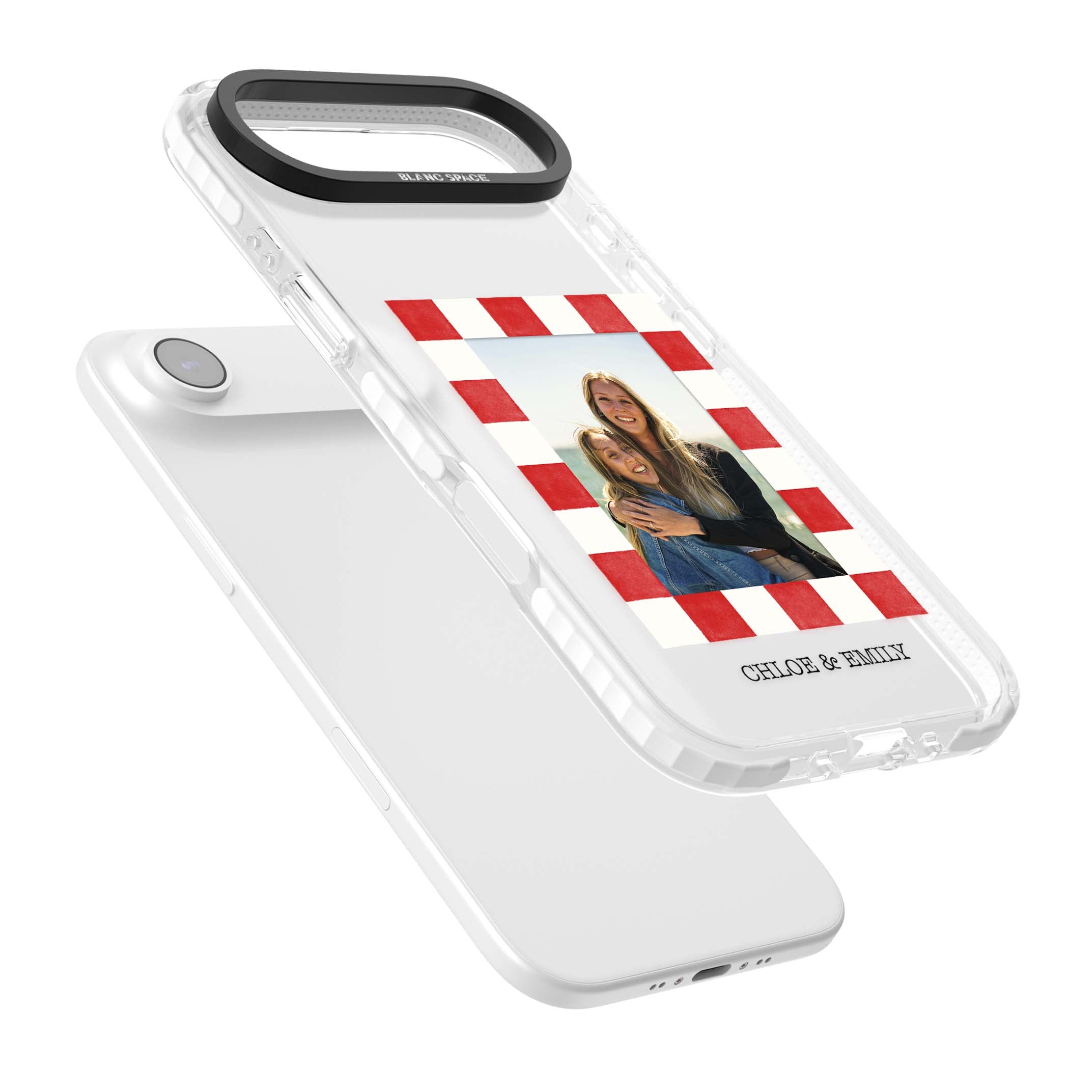 Red Check Photo personalised photo iPhone case with red and white checkered polaroid frame and custom couple name | Black Impact case for iPhone Air