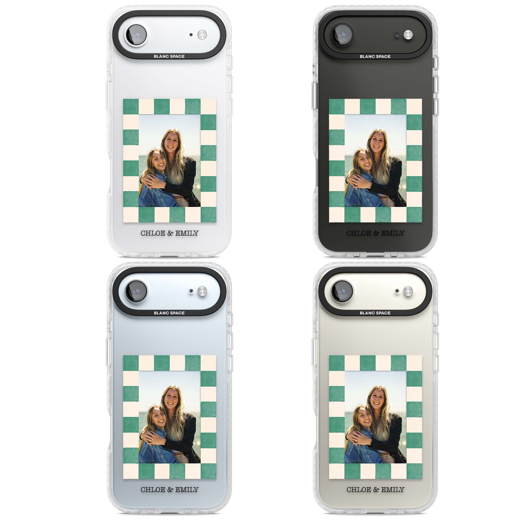 Seafoam Check Photo personalised iPhone case featuring a custom polaroid photo, green and cream checkered frame, and custom n | Black Impact case for iPhone Air
