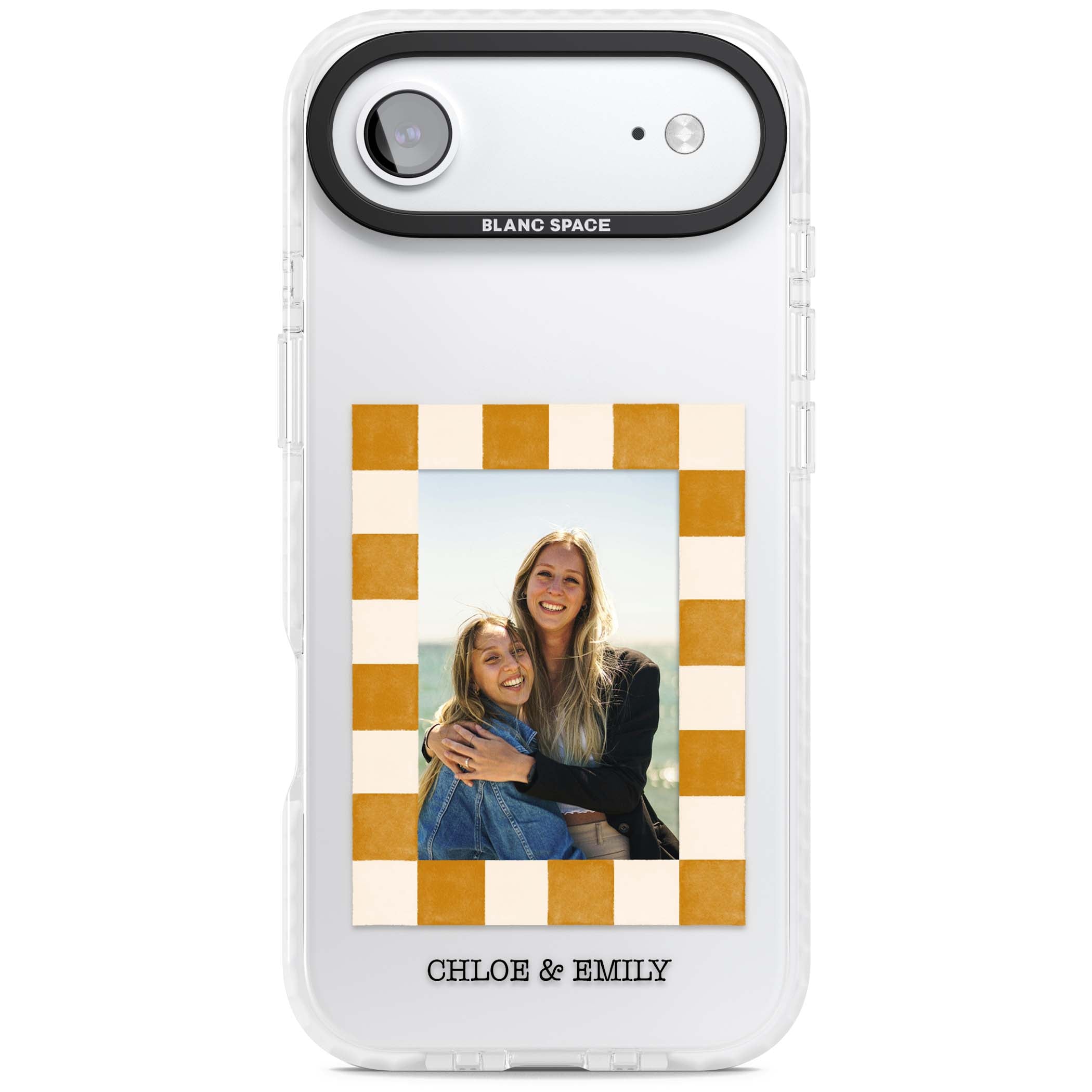 Citrus Check Photo personalised iPhone case with custom photo, orange checkered frame and names underneath | Black Impact case for iPhone Air