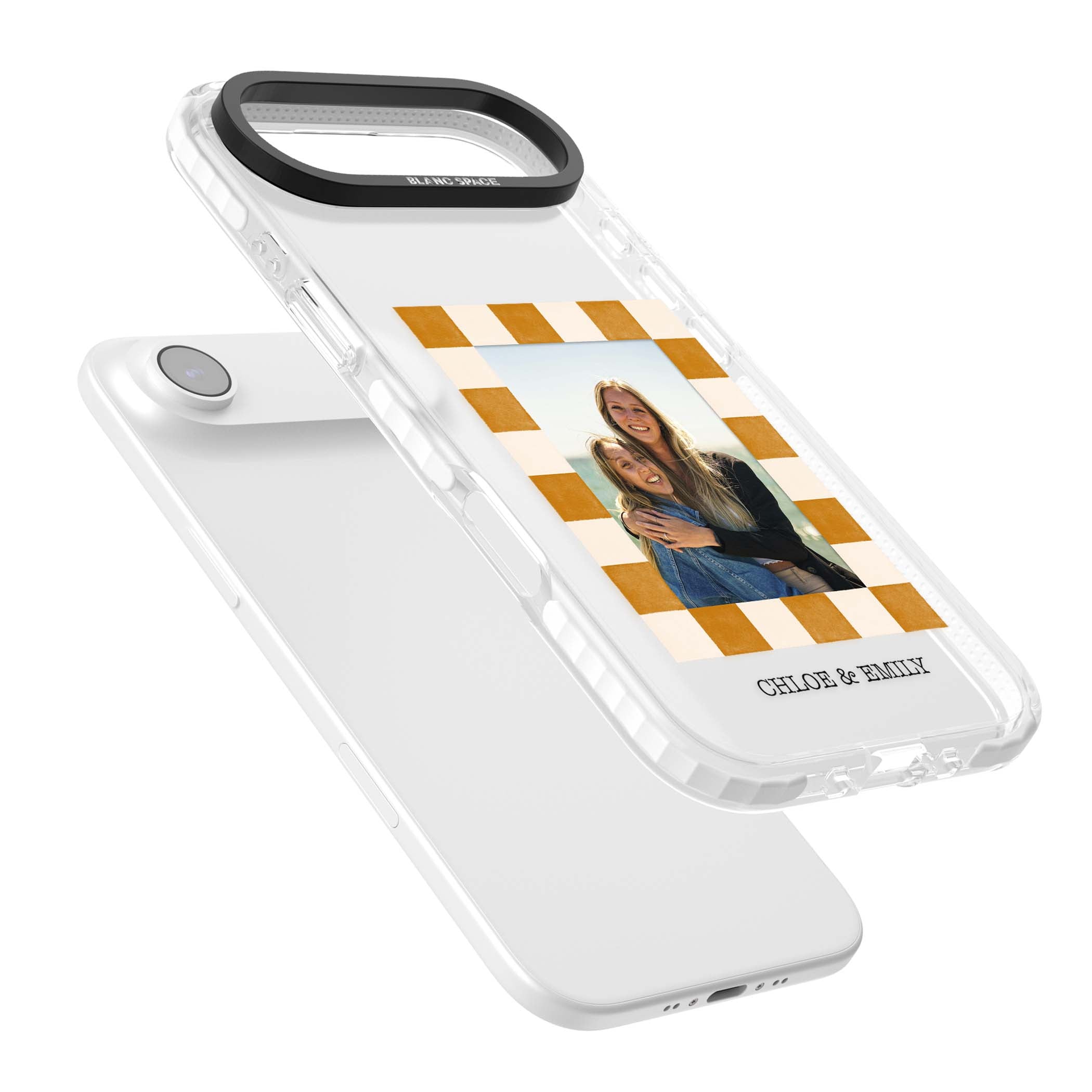 Citrus Check Photo personalised iPhone case with custom photo, orange checkered frame and names underneath | Black Impact case for iPhone Air