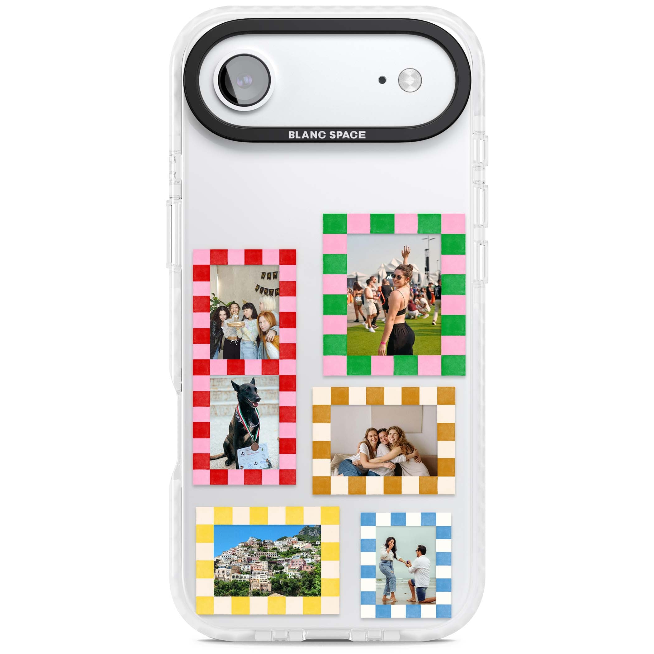 Italian Check Frames custom photo collage iPhone case featuring six checkered photo frames in red, green, pink and | Black Impact case for iPhone Air