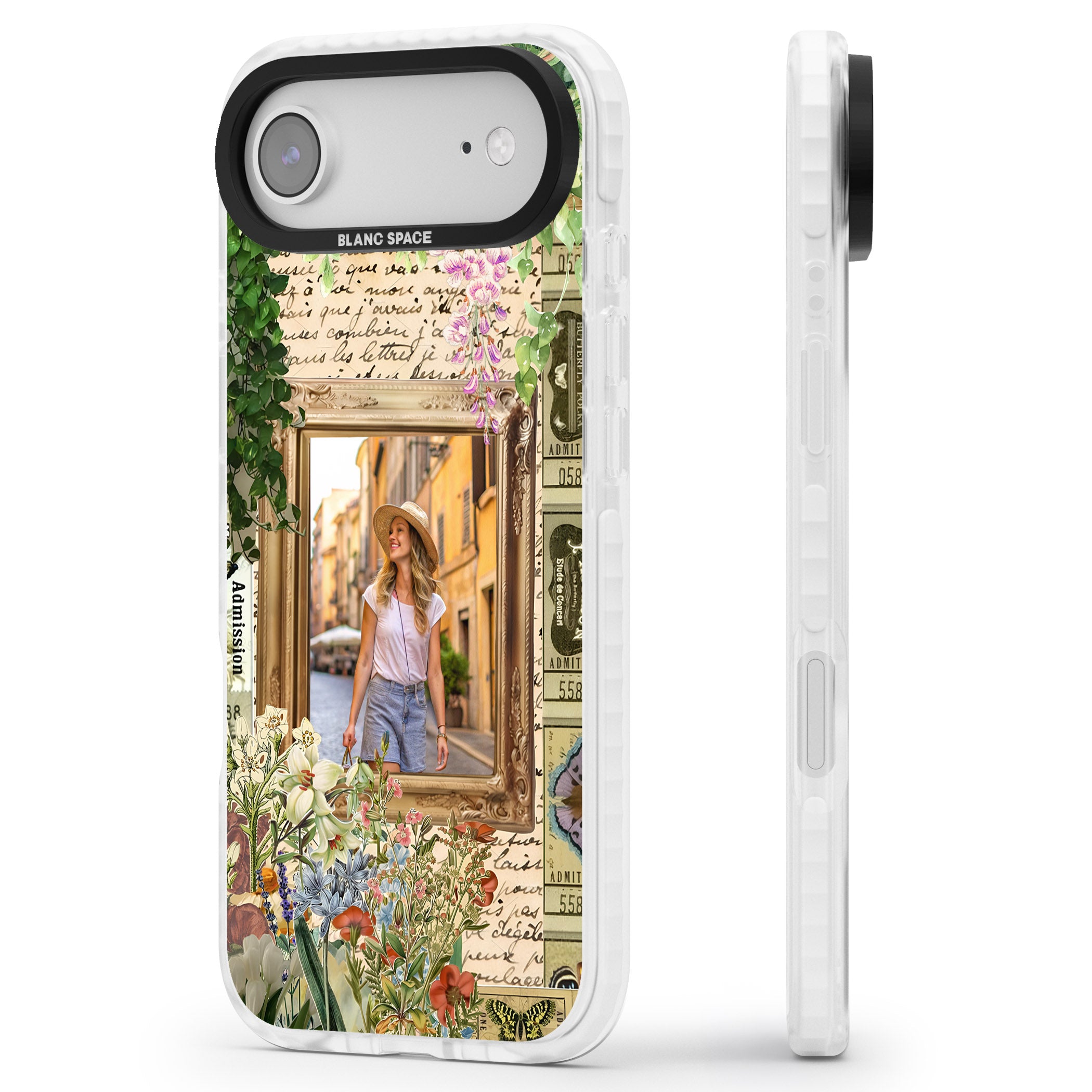 Personalised Tuscan Floral Collage Frame iPhone 17 Air Impact Clear Phone Case Side Profile