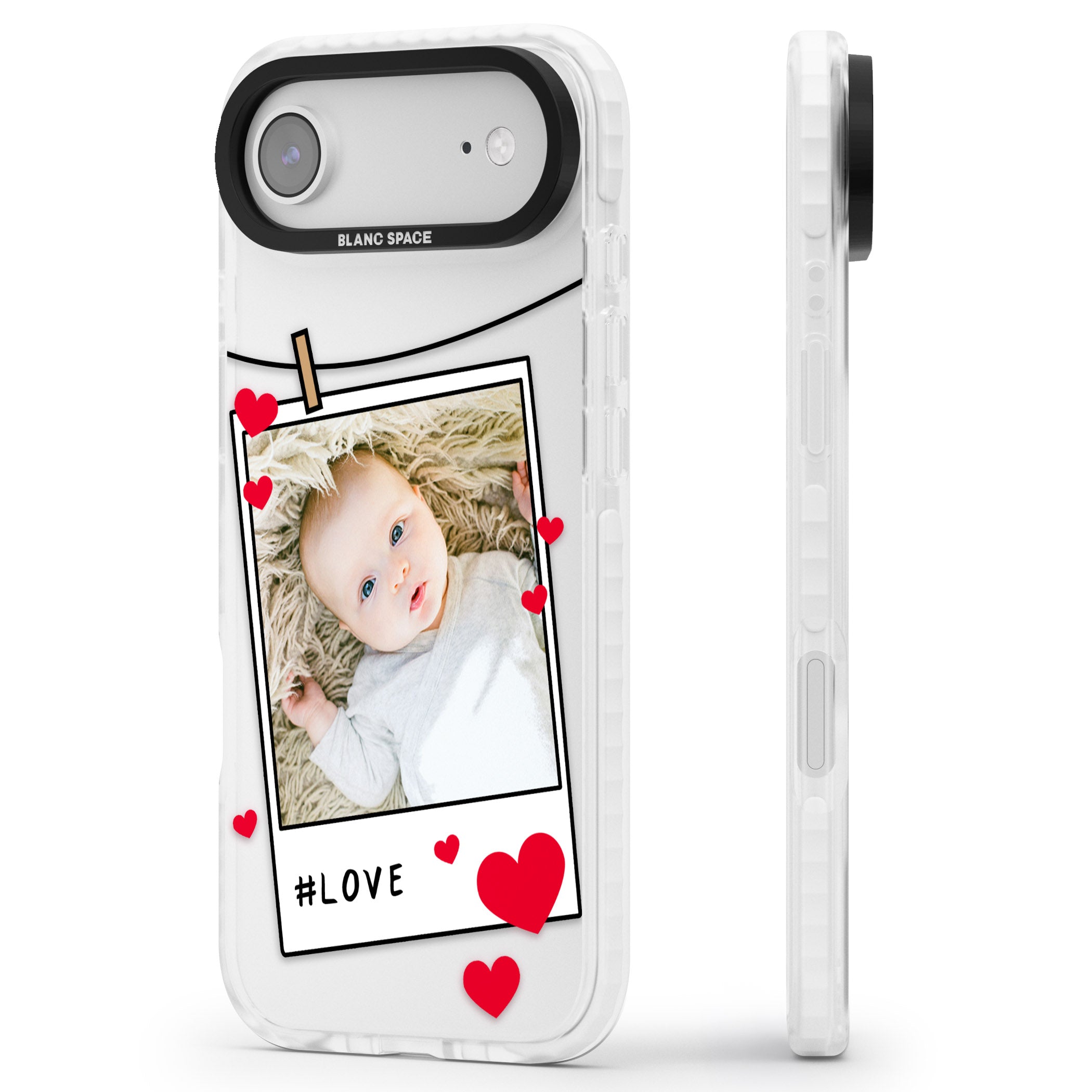 Personalised Paperclip & Hearts Instant Camera Photo iPhone 17 Air Impact Clear Phone Case Side Profile