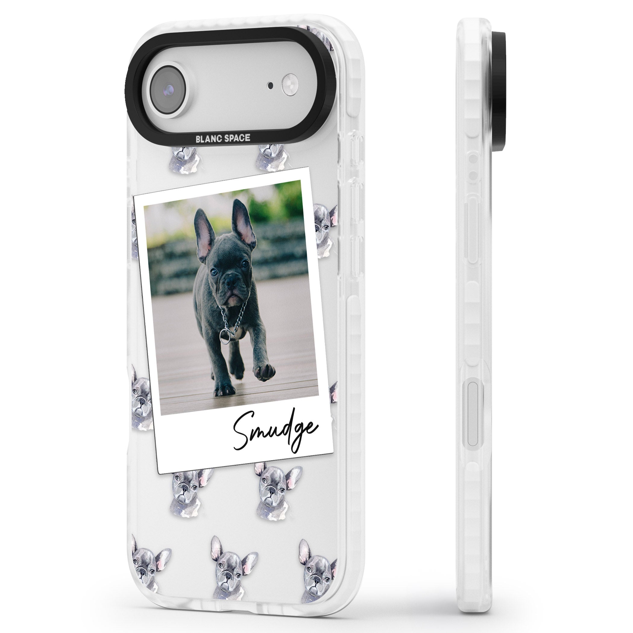 Personalised Grey French Bulldog Instant Camera Photo iPhone 17 Air Impact Clear Phone Case Side Profile