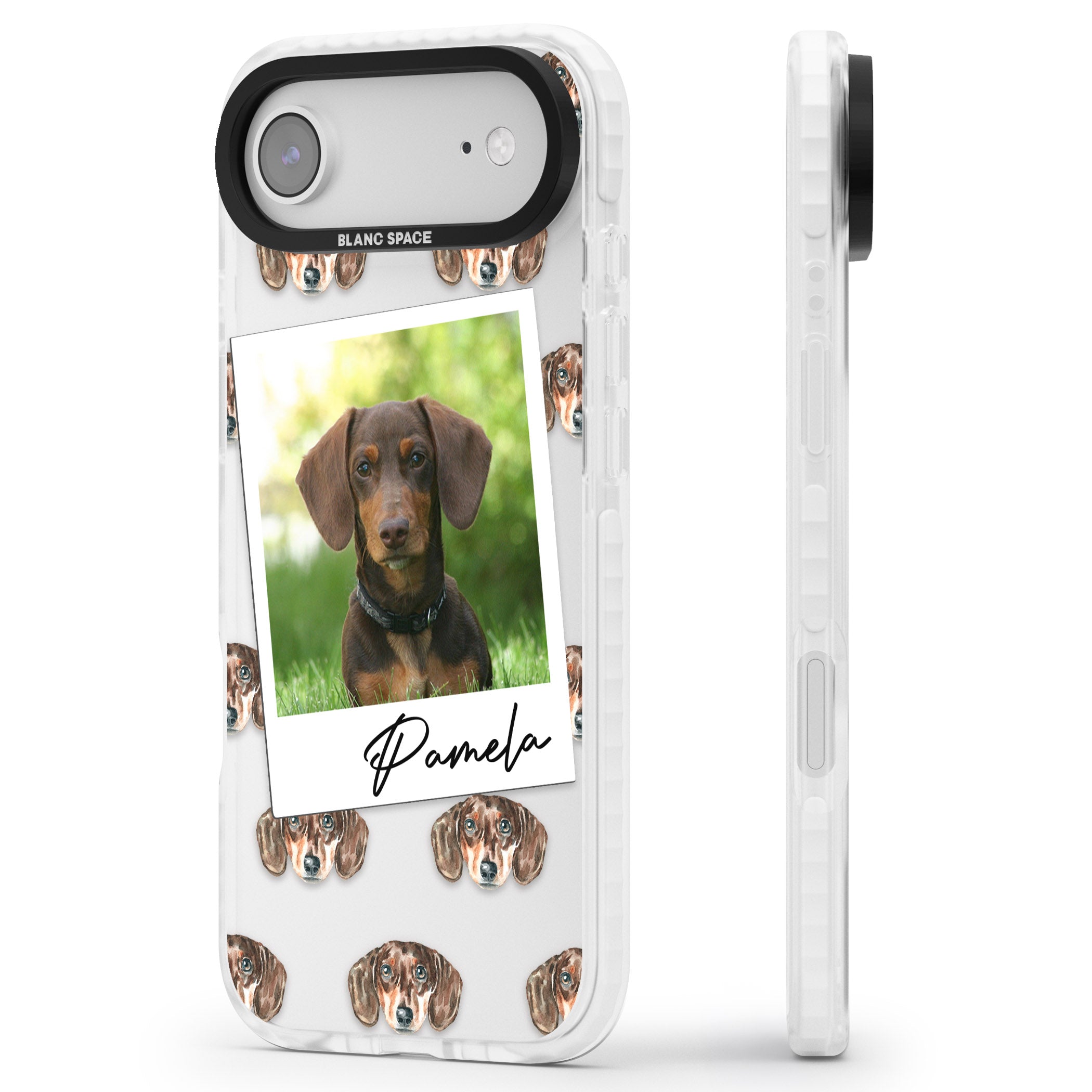 Personalised Brown Dachshund Instant Camera Photo iPhone 17 Air Impact Clear Phone Case Side Profile