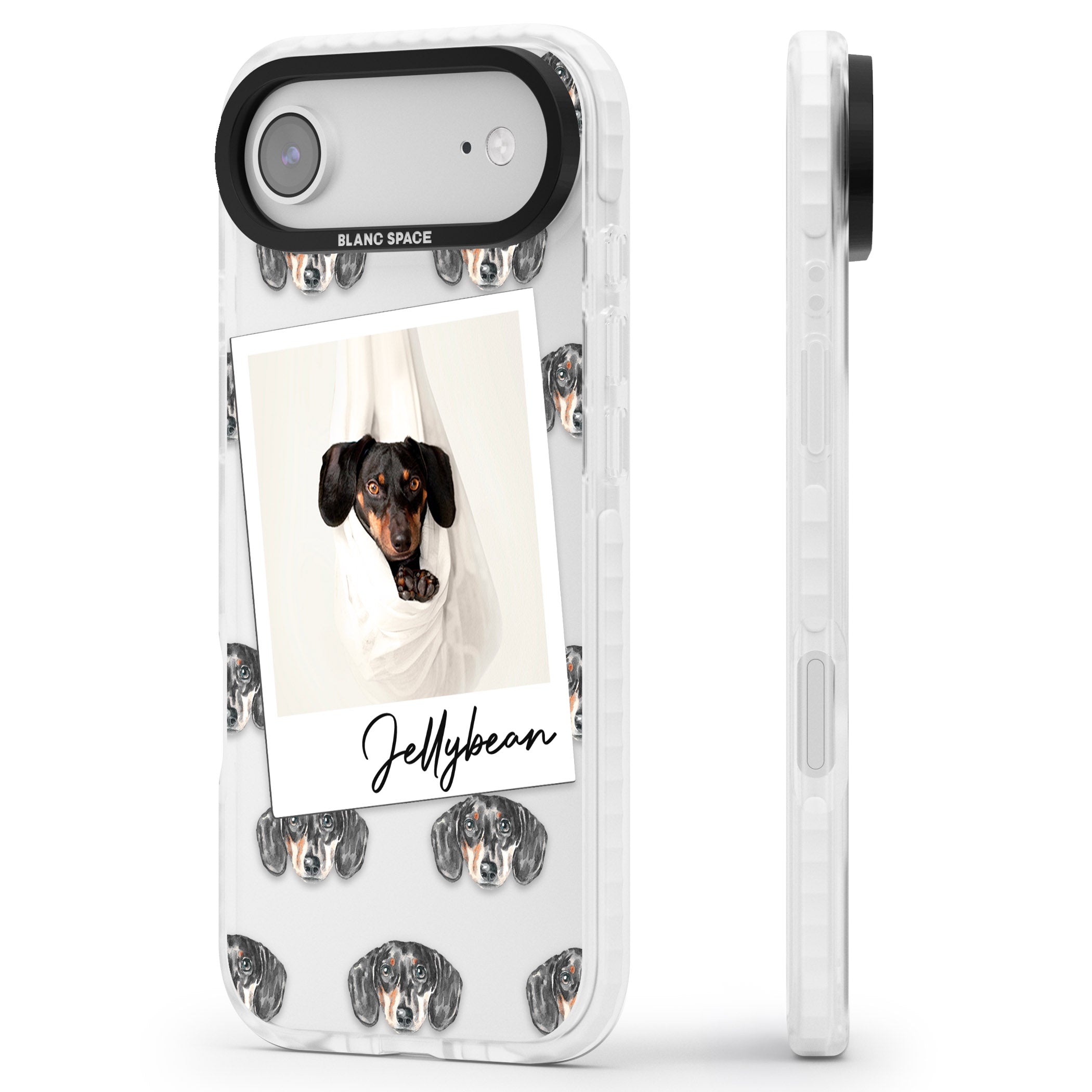 Personalised Black Dachshund Instant Camera Photo iPhone 17 Air Impact Clear Phone Case Side Profile