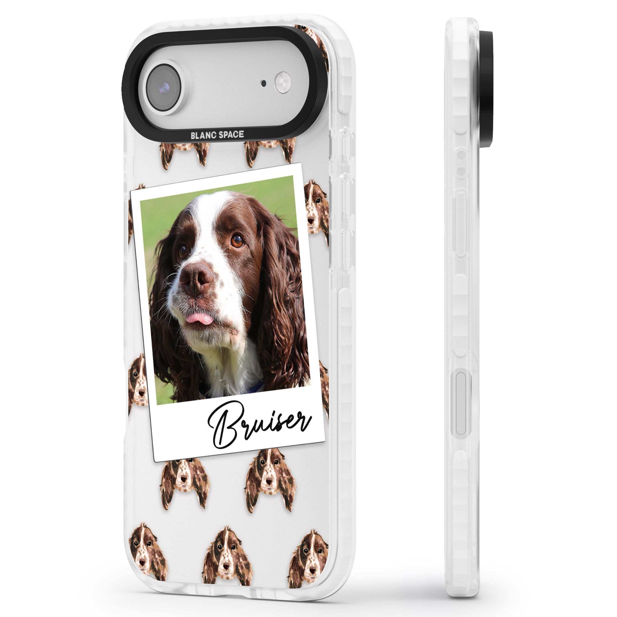 Personalised Springer Spaniel Instant Camera Photo iPhone 17 Air Impact Clear Phone Case Side Profile