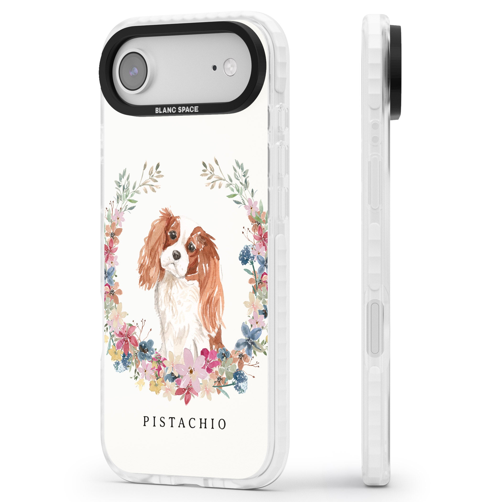 Personalised Cavalier King Charles Floral Portrait iPhone 17 Air Impact Clear Phone Case Side Profile