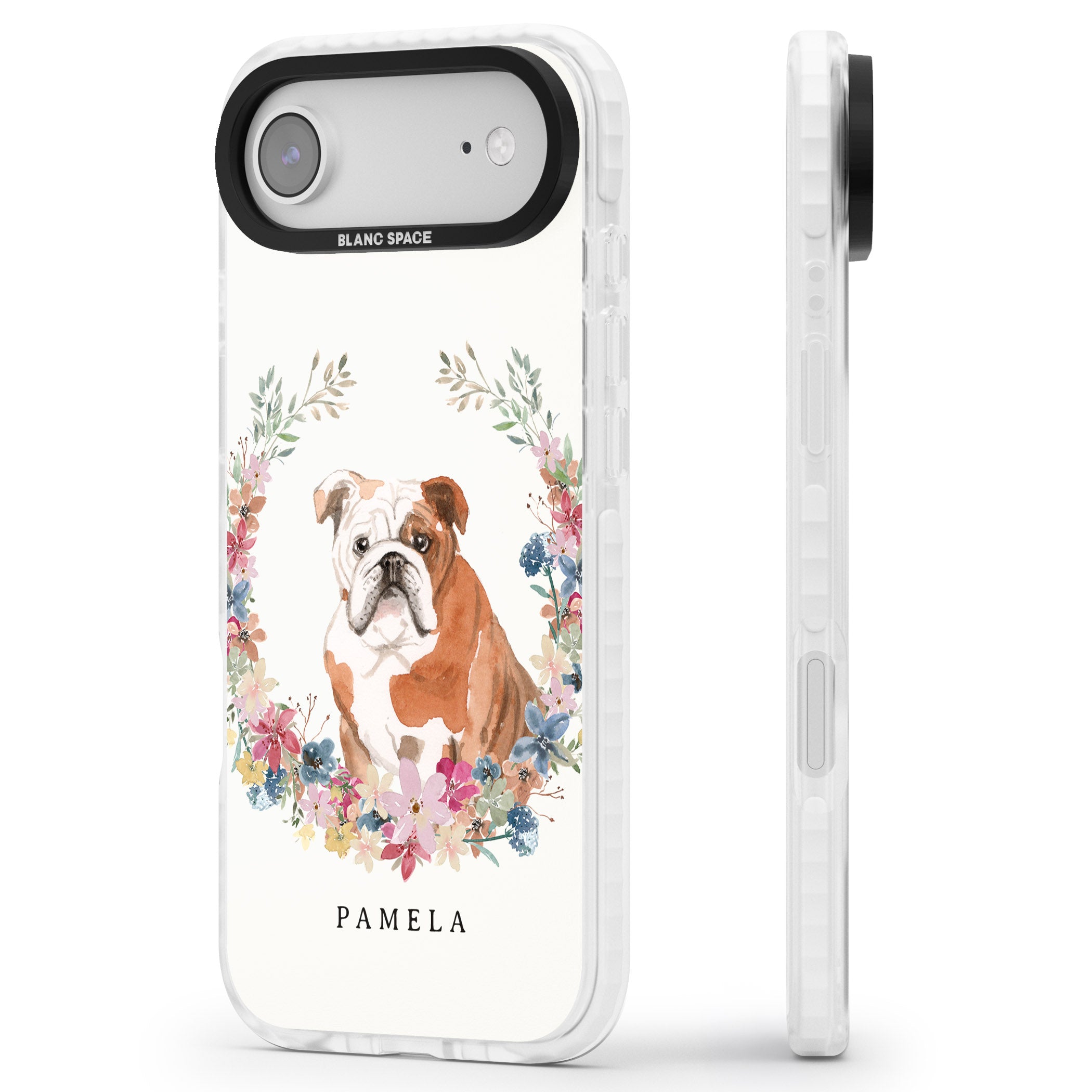 Personalised English Bulldog Floral Portrait iPhone 17 Air Impact Clear Phone Case Side Profile