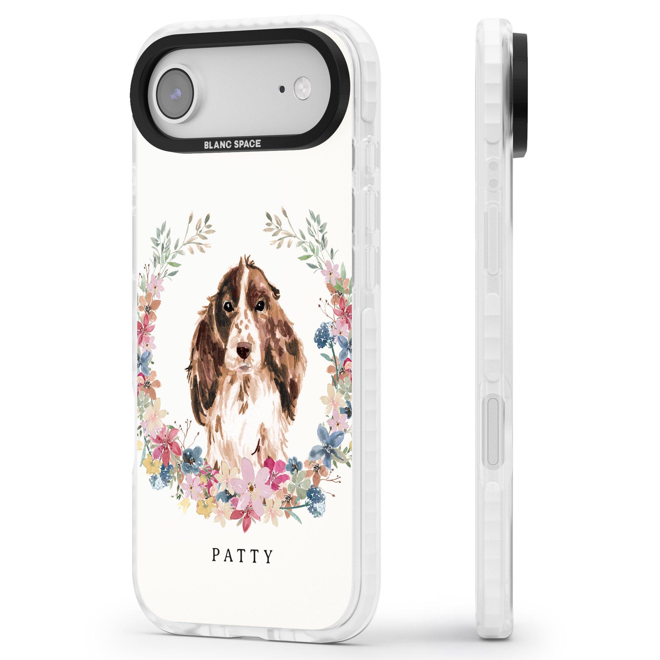 Personalised Cocker Spaniel Floral Portrait iPhone 17 Air Impact Clear Phone Case Side Profile