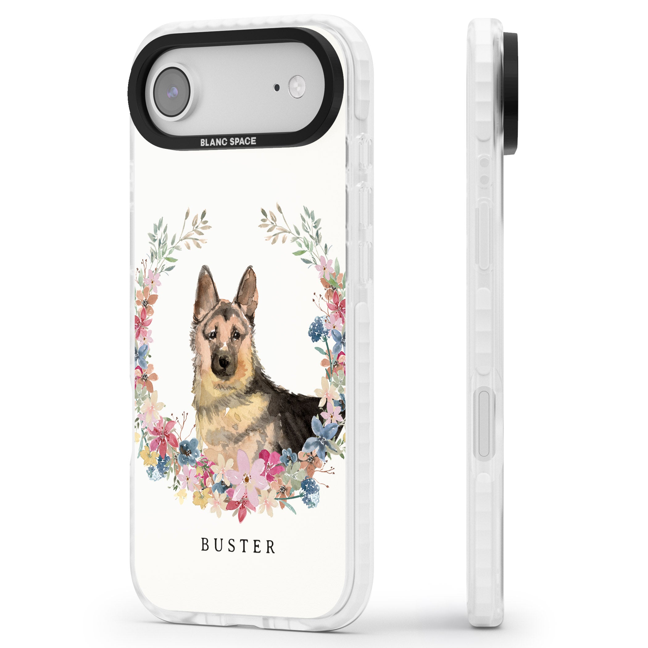 Personalised German Shepherd Floral Portrait iPhone 17 Air Impact Clear Phone Case Side Profile