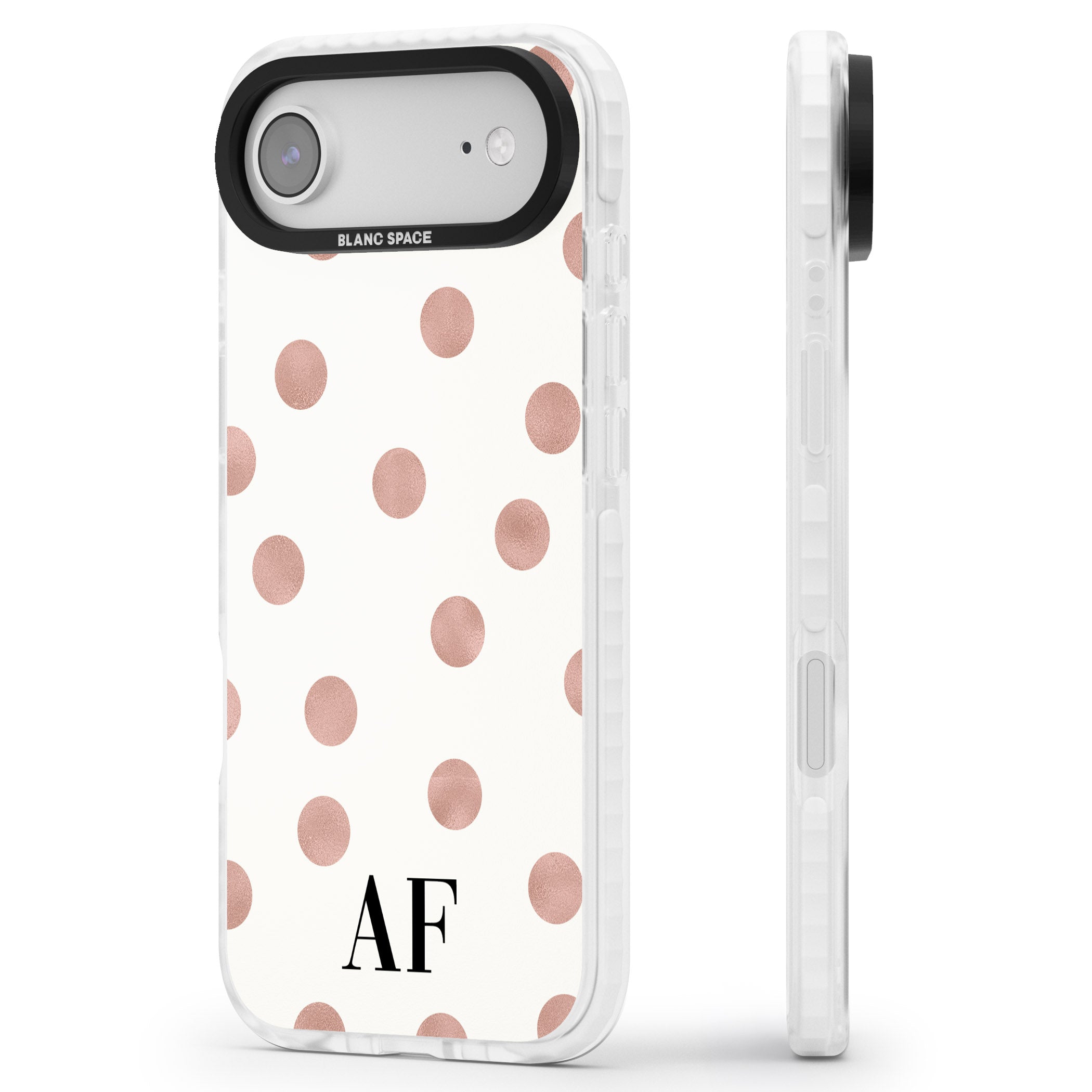 Personalised Rose Gold Dots & Initials iPhone 17 Air Impact Clear Phone Case Side Profile