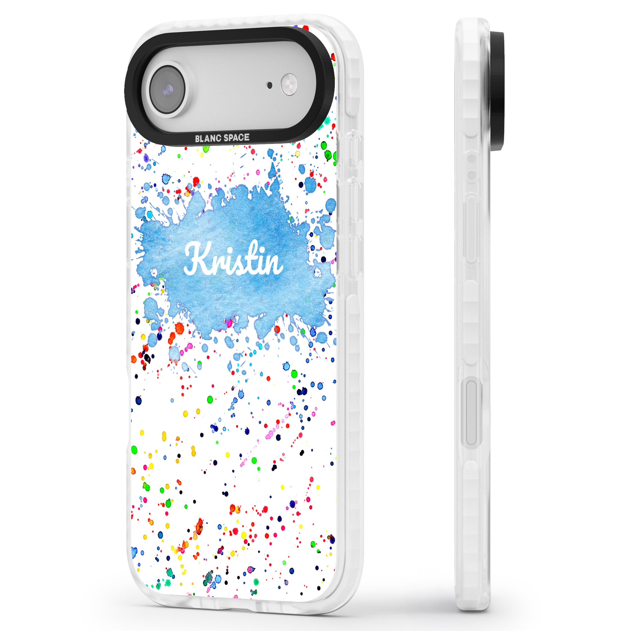 Personalised Rainbow Splatter Name iPhone 17 Air Impact Clear Phone Case Side Profile