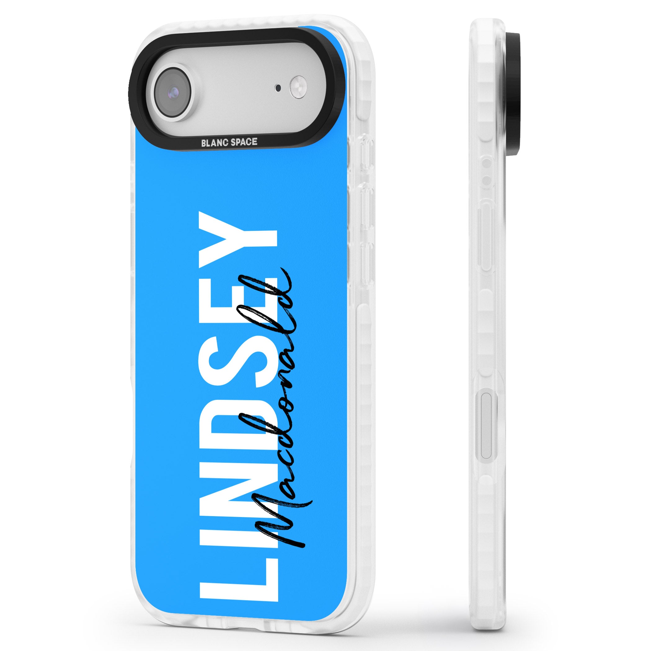 Personalised Bold Name: Blue iPhone 17 Air Impact Clear Phone Case Side Profile