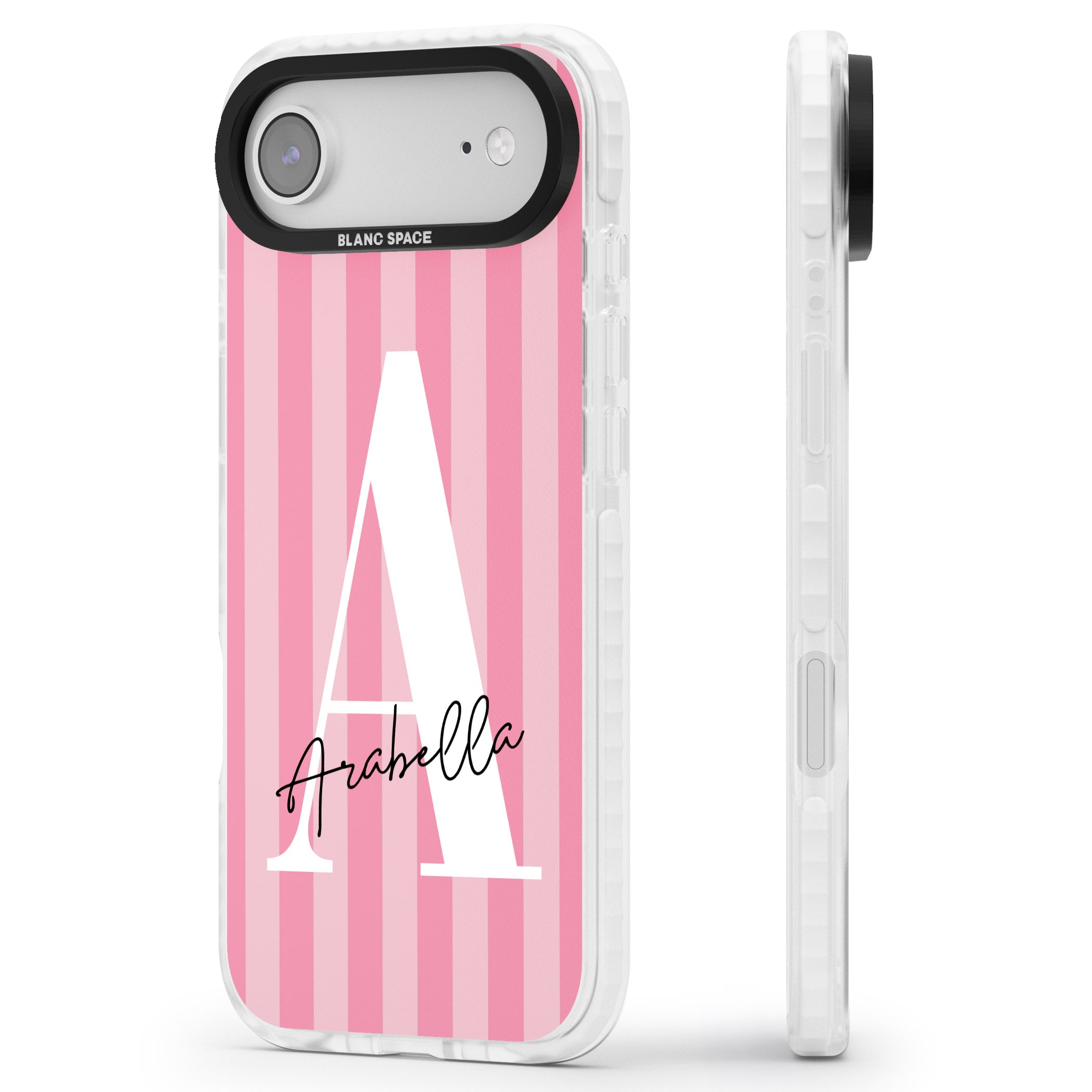 Personalised Pink Stripes Initial iPhone 17 Air Impact Clear Phone Case Side Profile