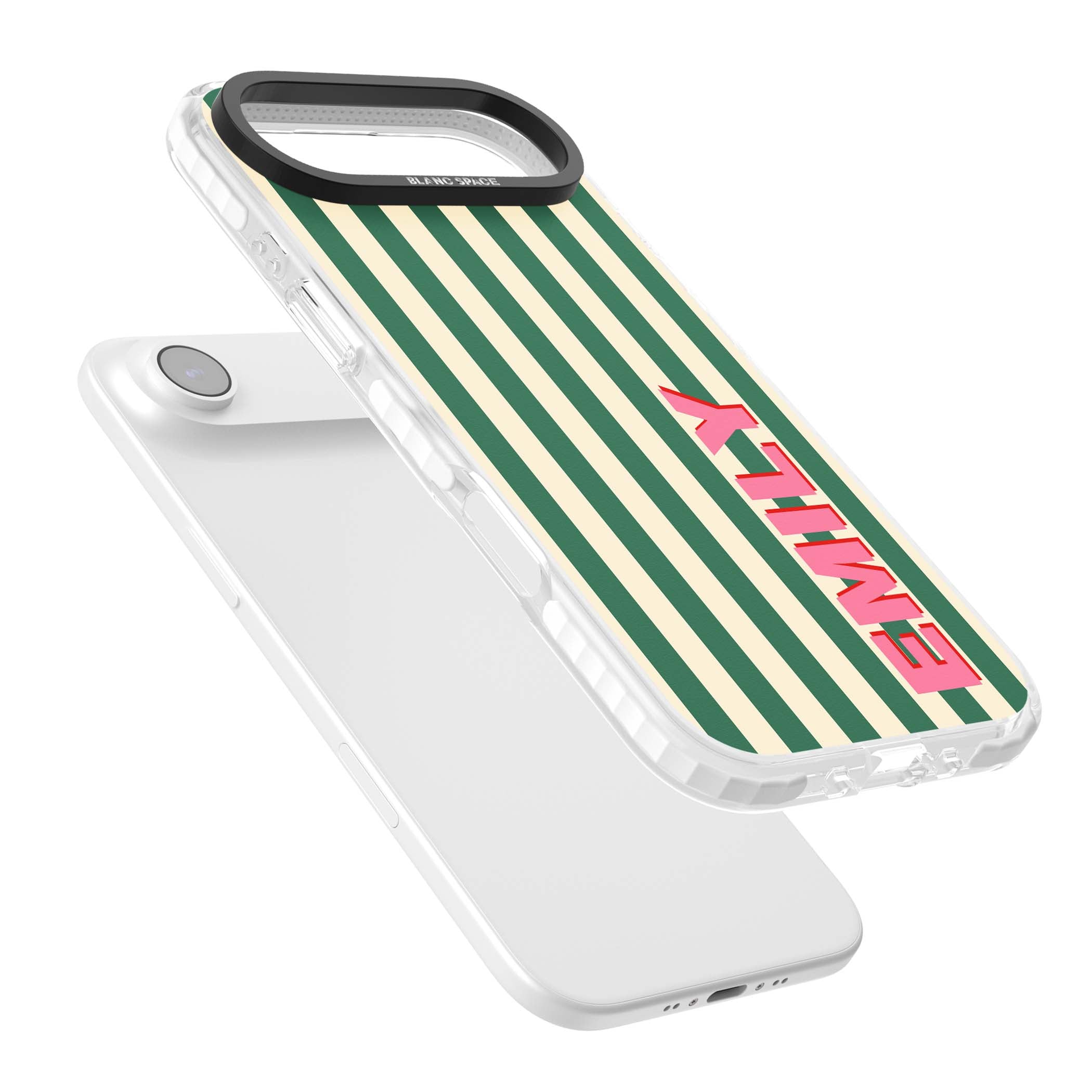 Wimbledon Stripe preppy iPhone case featuring green and cream vertical stripes with a personalised pink name | Black Impact case for iPhone Air