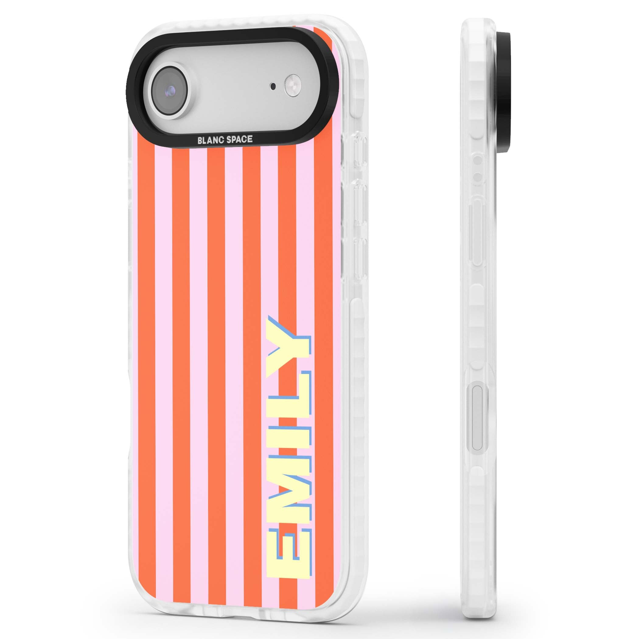 Havana Stripe personalised iPhone case featuring pink and orange vertical stripes with a custom yellow name | Black Impact case for iPhone Air