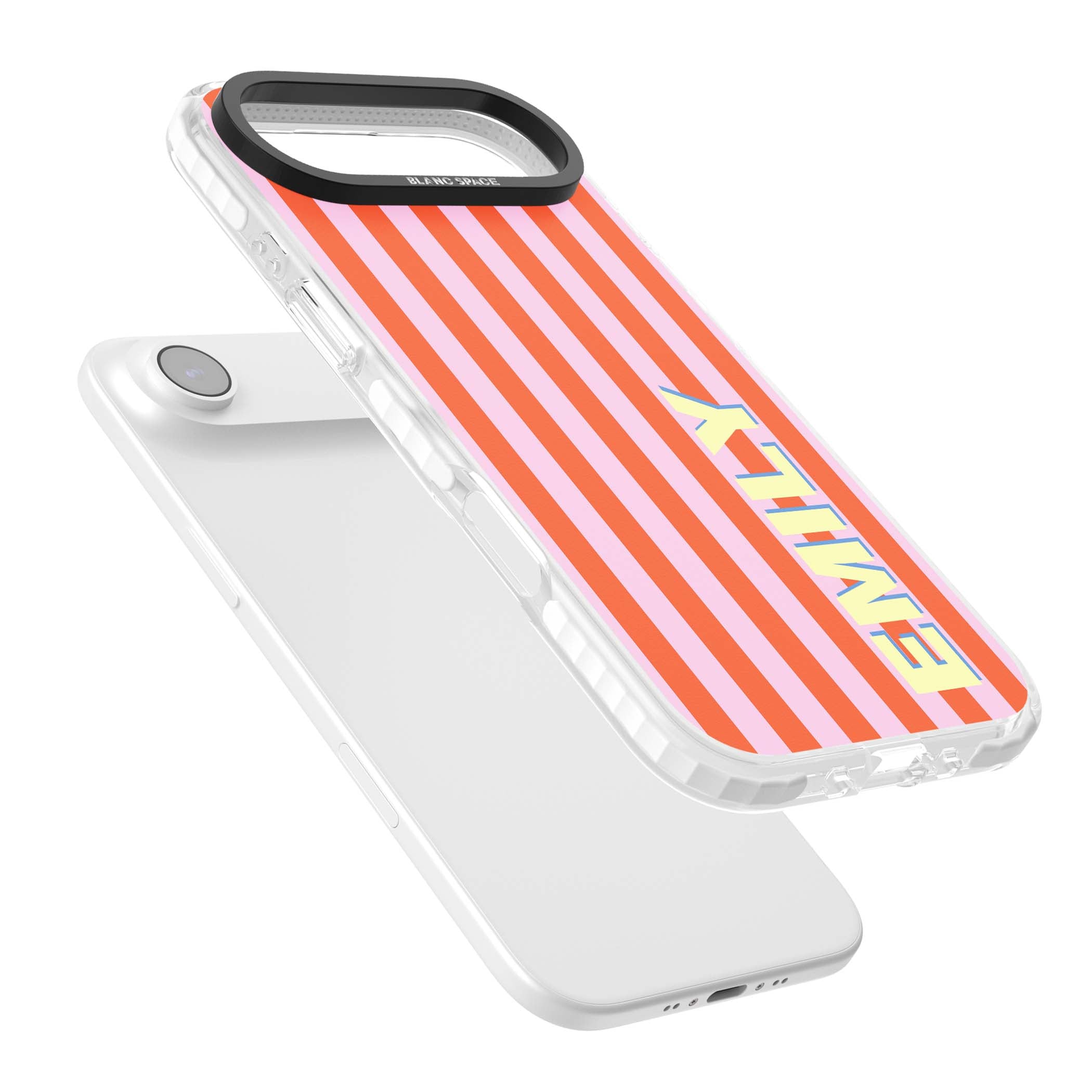 Havana Stripe personalised iPhone case featuring pink and orange vertical stripes with a custom yellow name | Black Impact case for iPhone Air