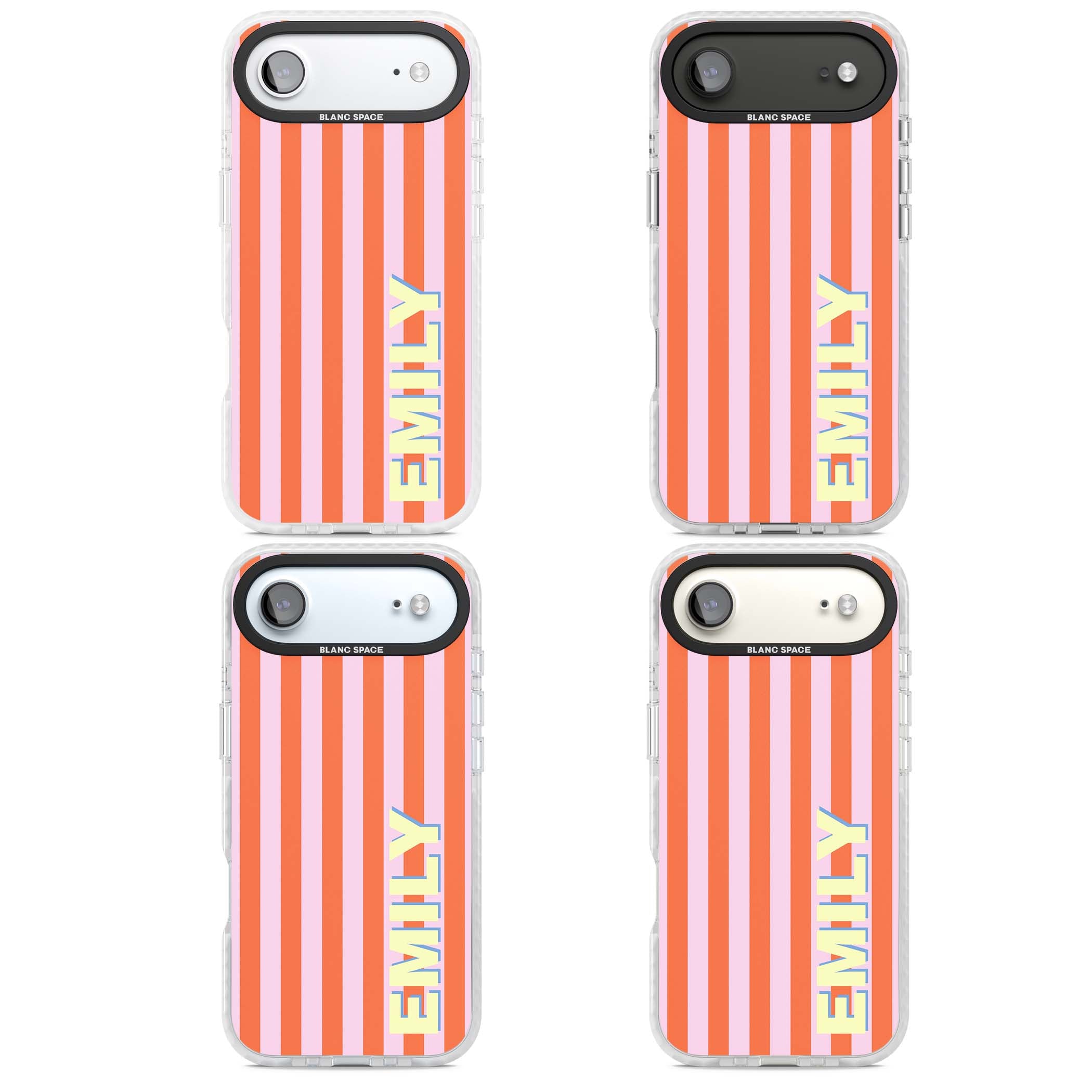 Havana Stripe personalised iPhone case featuring pink and orange vertical stripes with a custom yellow name | Black Impact case for iPhone Air