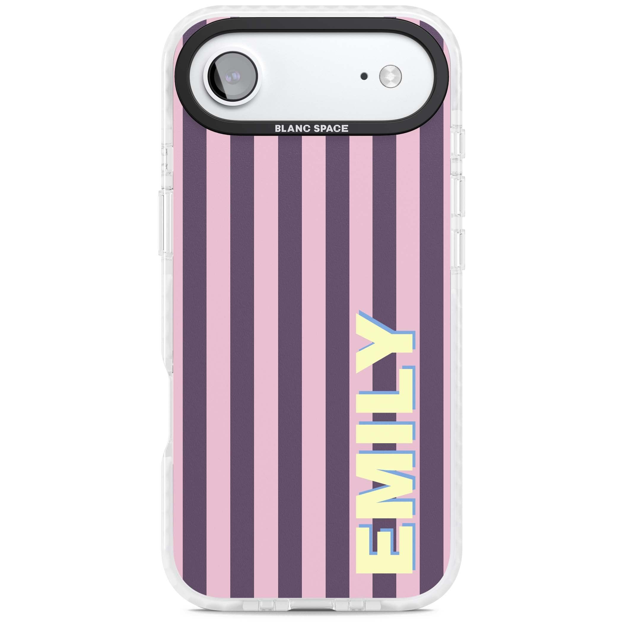 Tyre Stripe personalised stripe iPhone case with plum and pink vertical stripes and custom yellow name | Black Impact case for iPhone Air